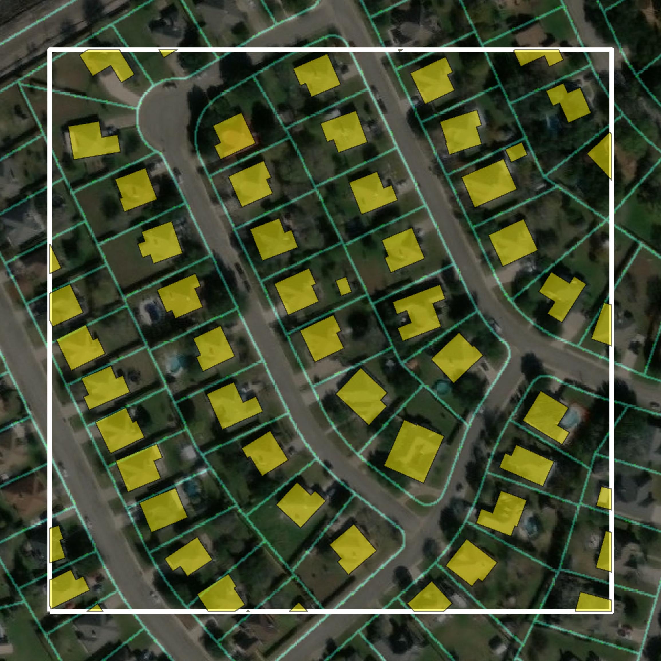 This image shows parcel and building data in Caldwell County created using GIS data in Equator.