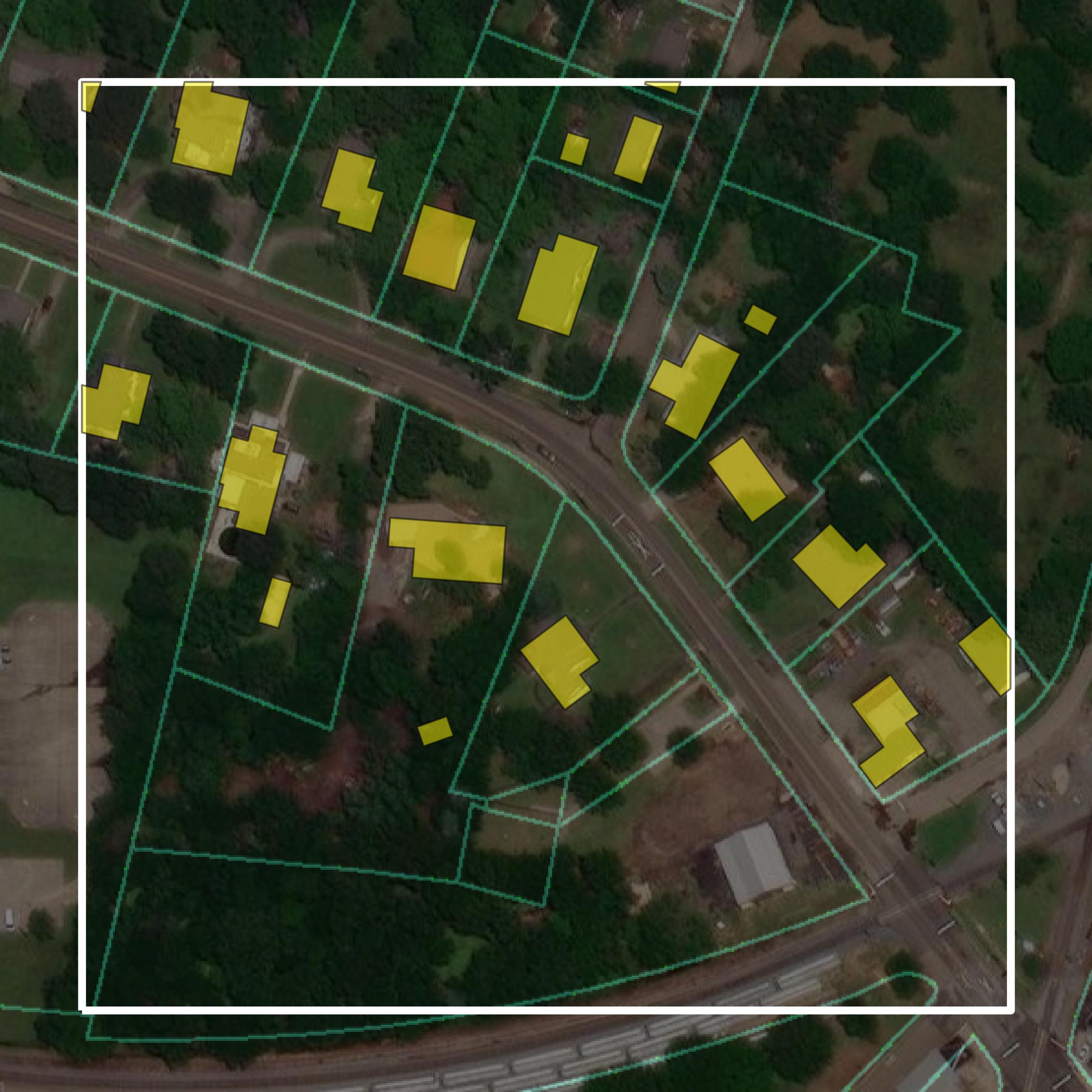This image shows parcel and building data in Camp County created using GIS data in Equator.