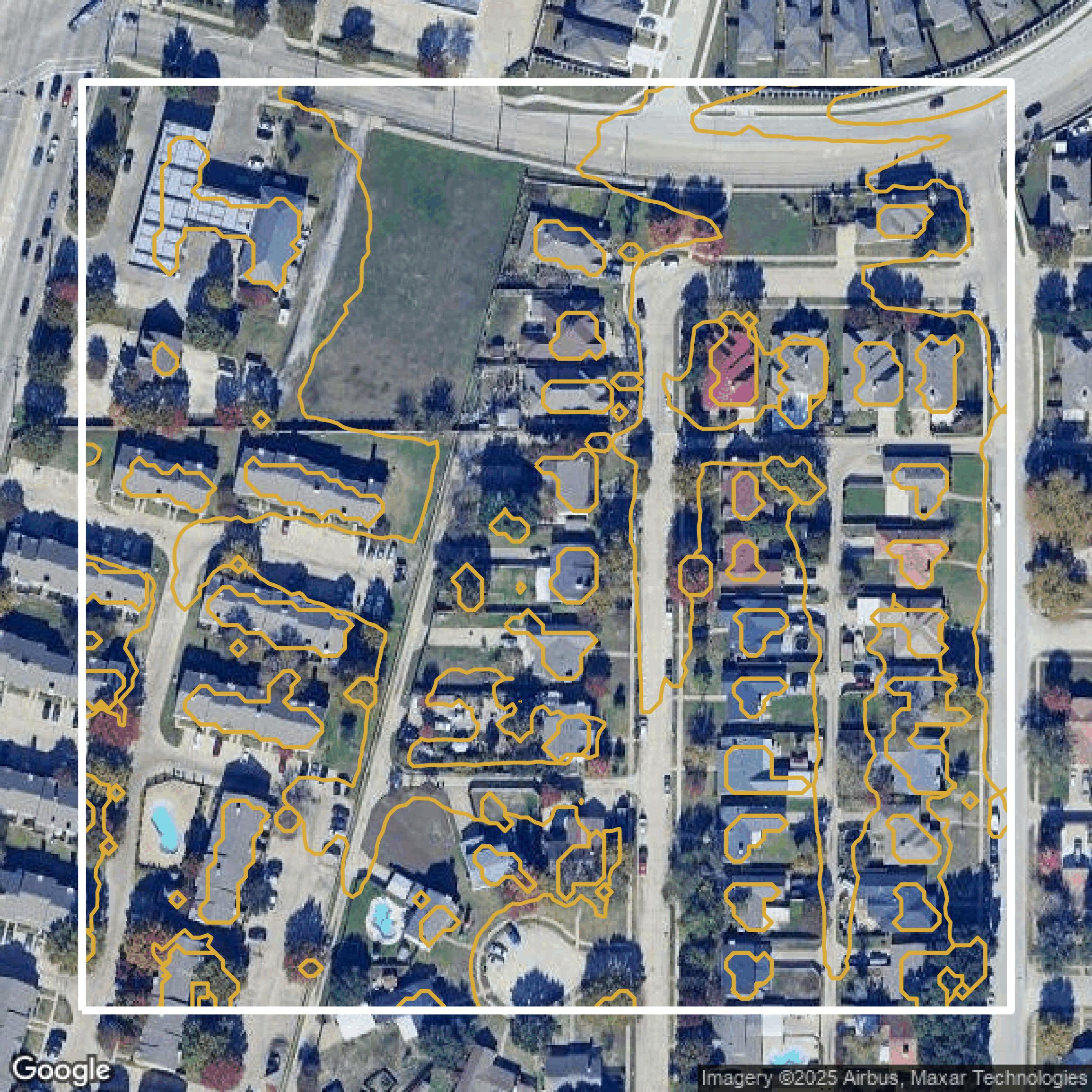 This image shows a contour map in Dallas County created using GIS data in Equator.