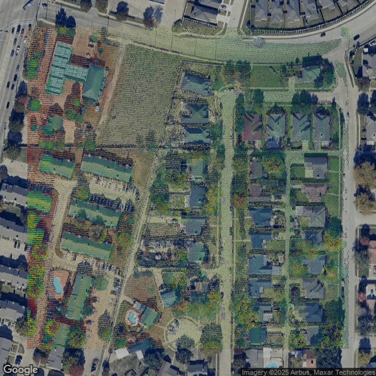This image shows a LiDAR point cloud in Dallas County created using GIS data in Equator.