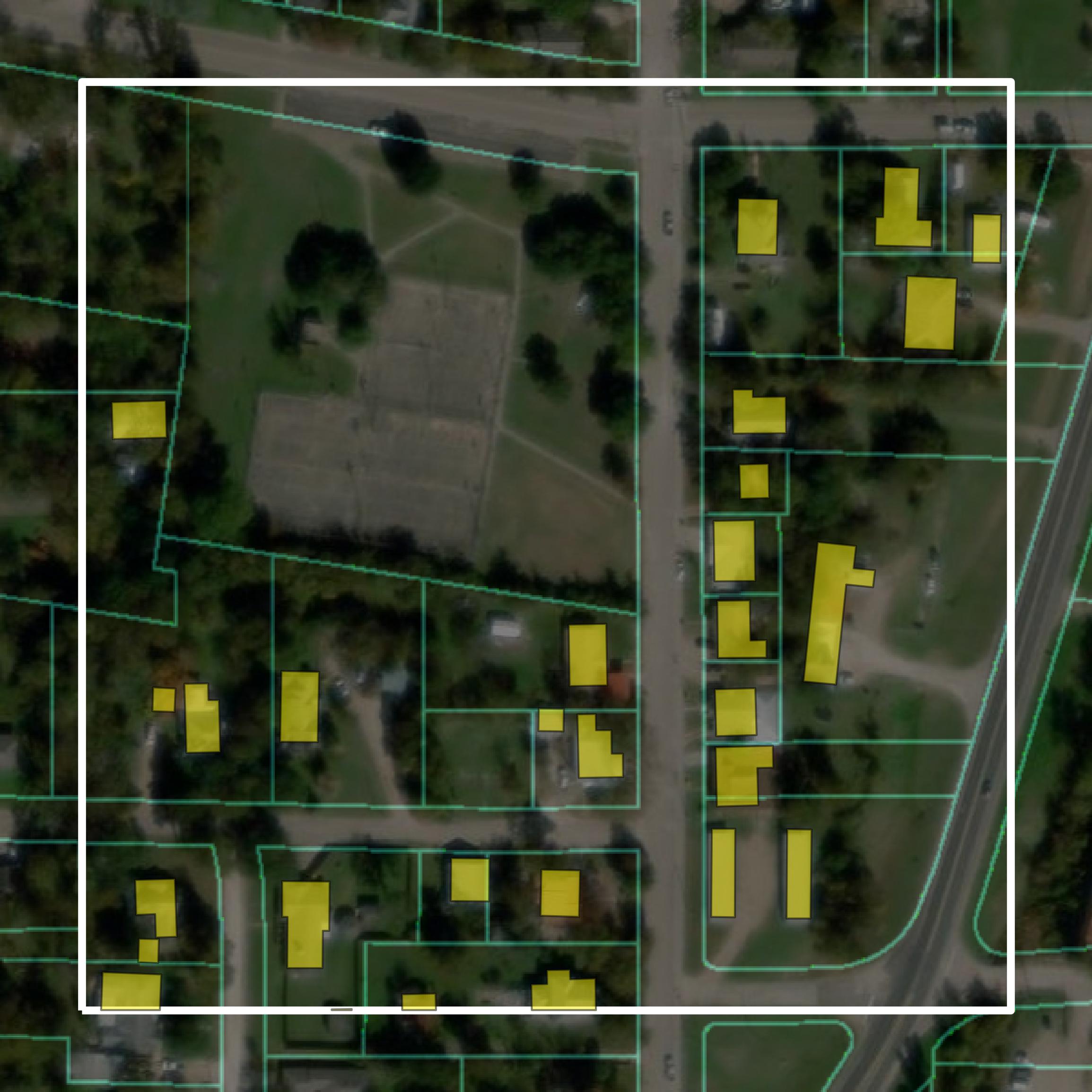 This image shows parcel and building data in Falls County created using GIS data in Equator.