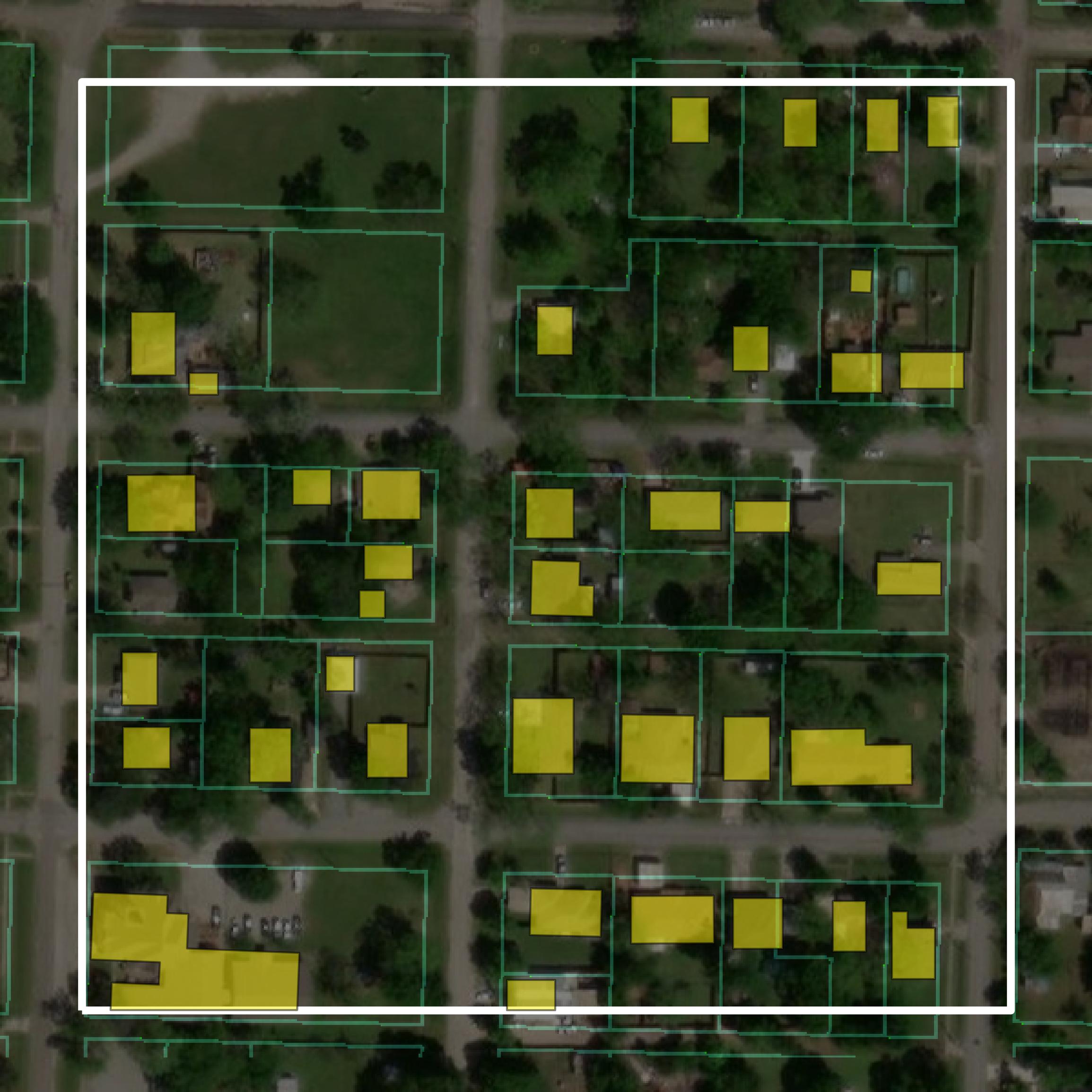 This image shows parcel and building data in Fannin County created using GIS data in Equator.