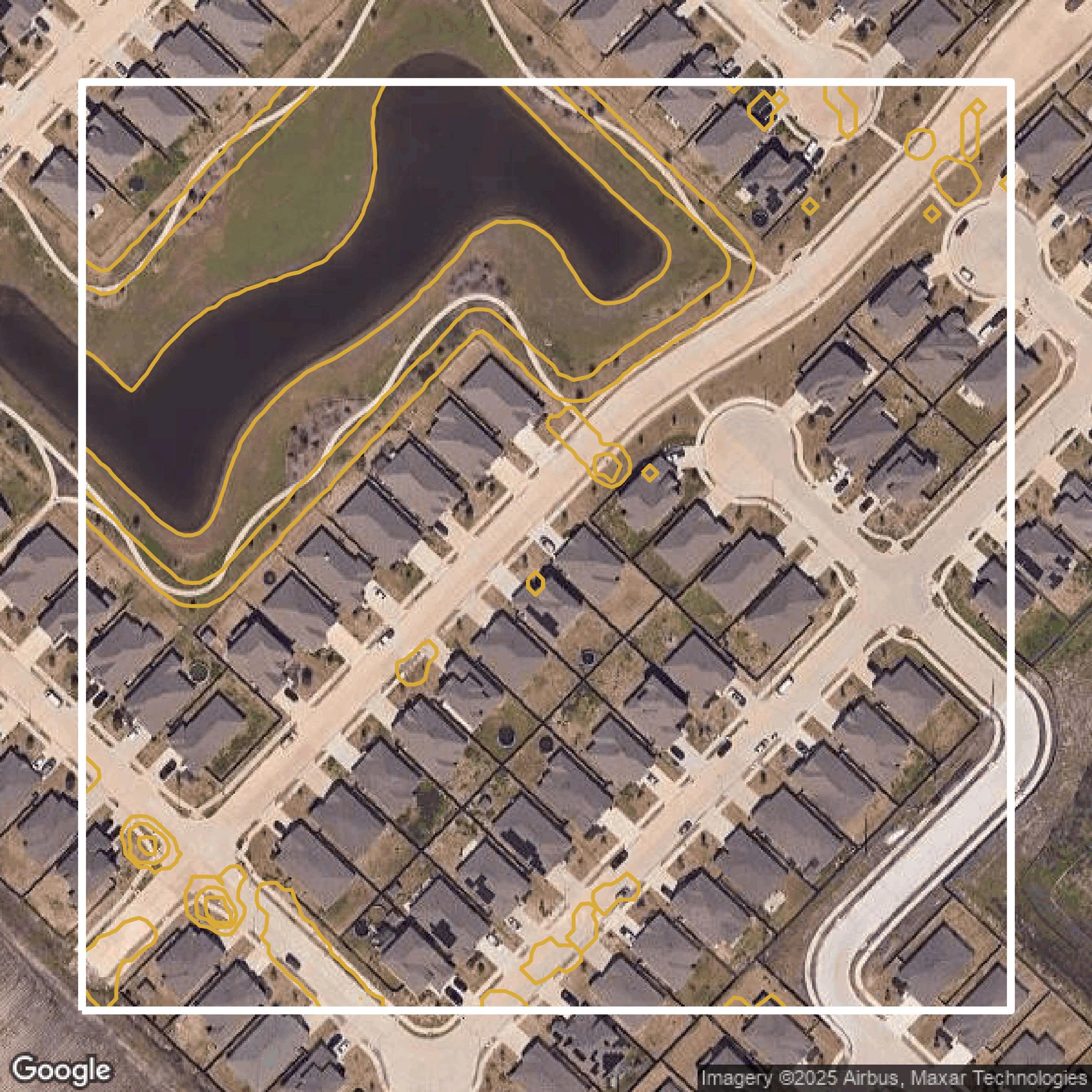 This image shows a contour map in Fort Bend County created using GIS data in Equator.