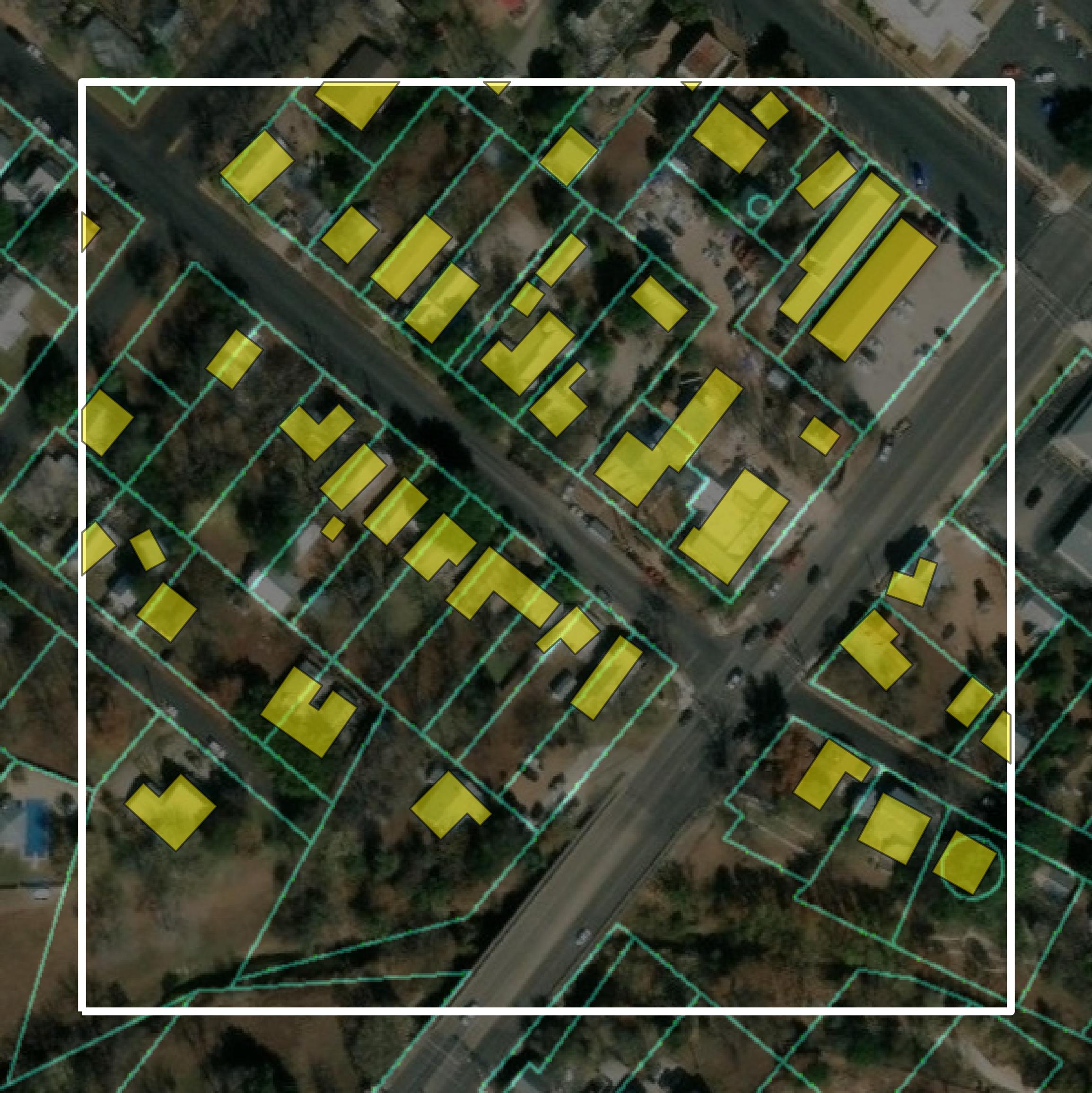 This image shows parcel and building data in Gillespie County created using GIS data in Equator.