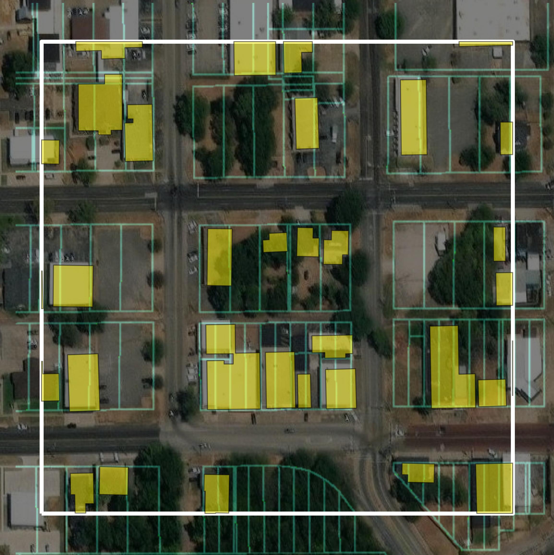 This image shows parcel and building data in Gregg County created using GIS data in Equator.