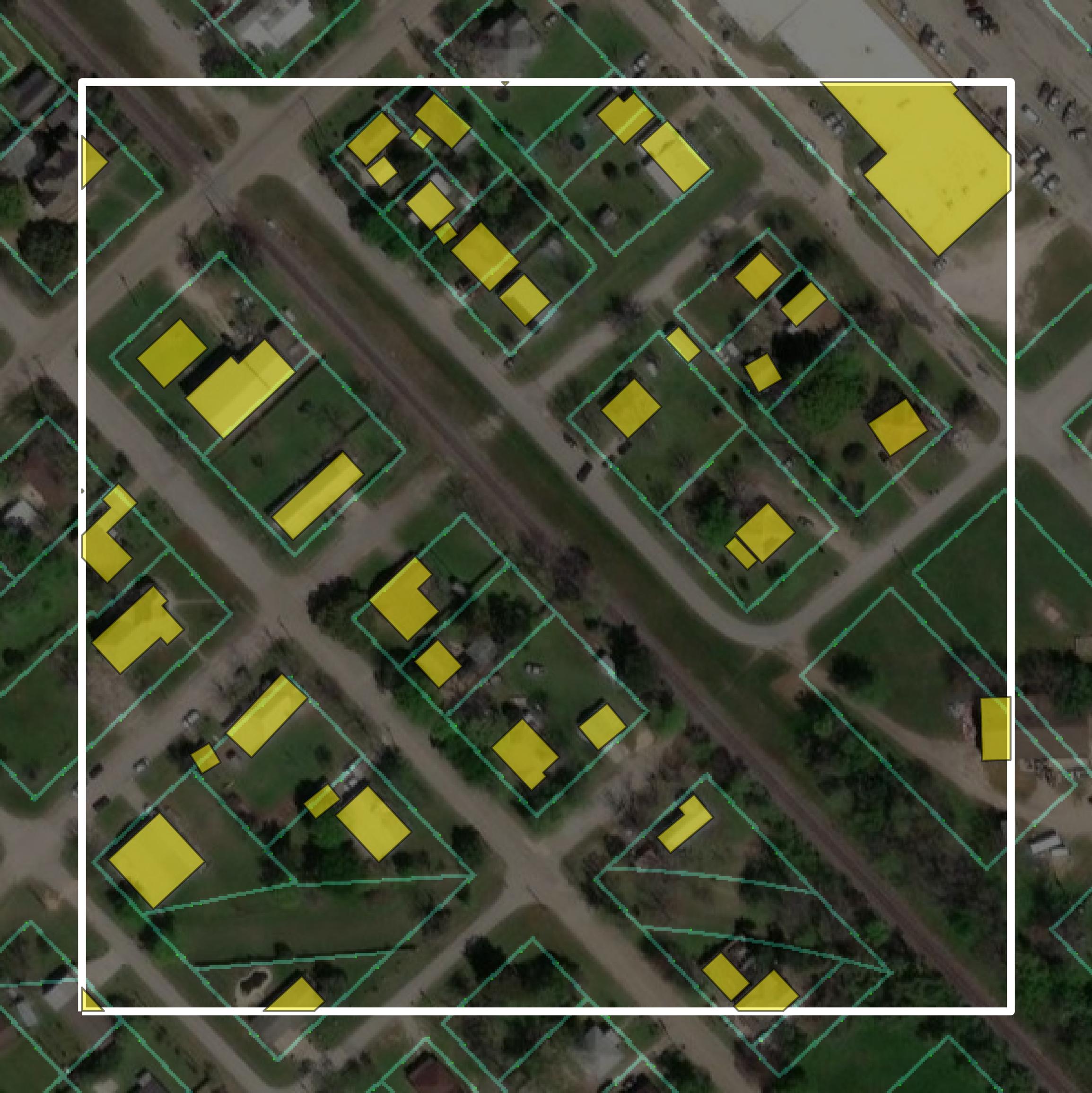 This image shows parcel and building data in Grimes County created using GIS data in Equator.