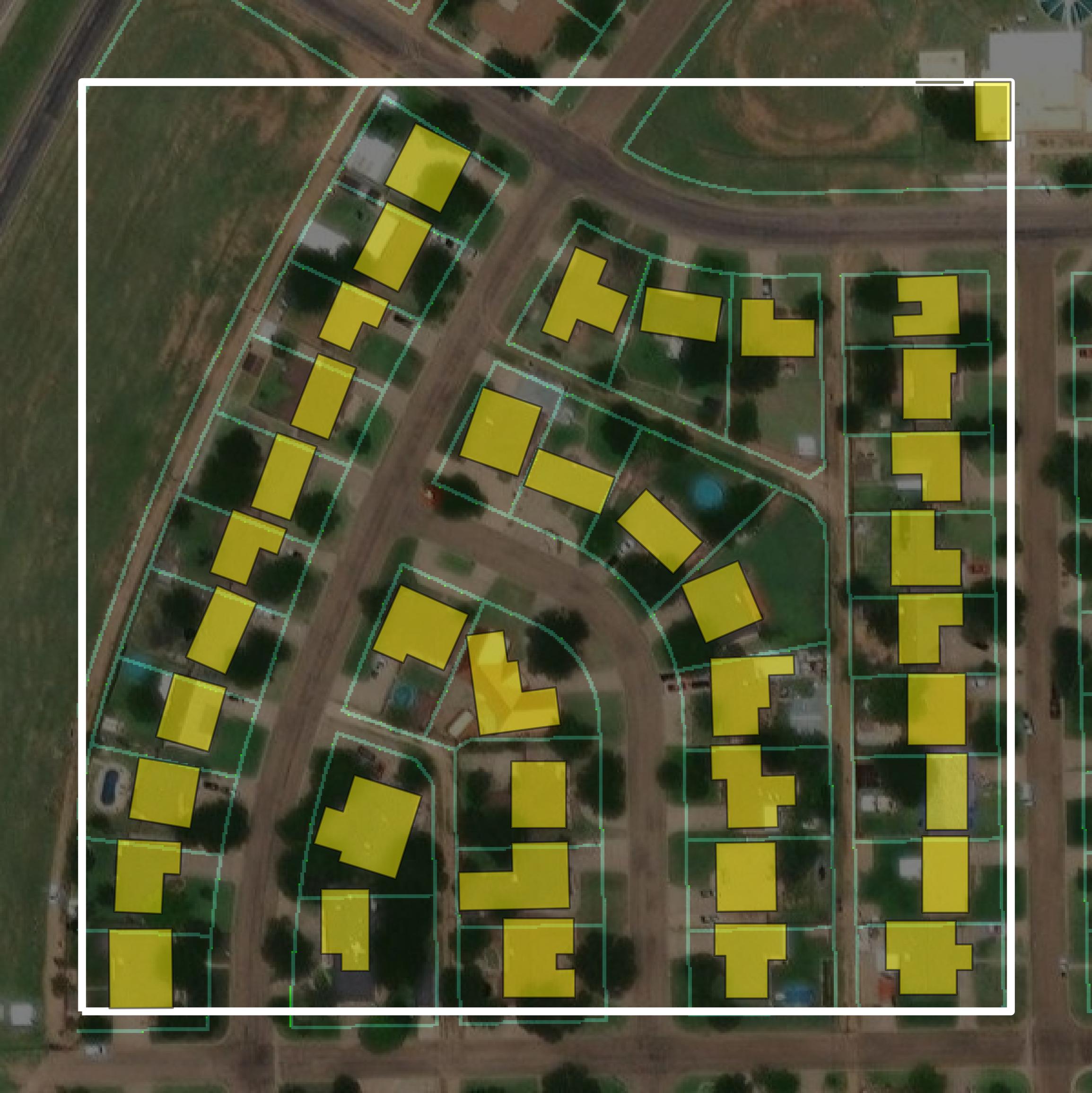 This image shows parcel and building data in Hale County created using GIS data in Equator.
