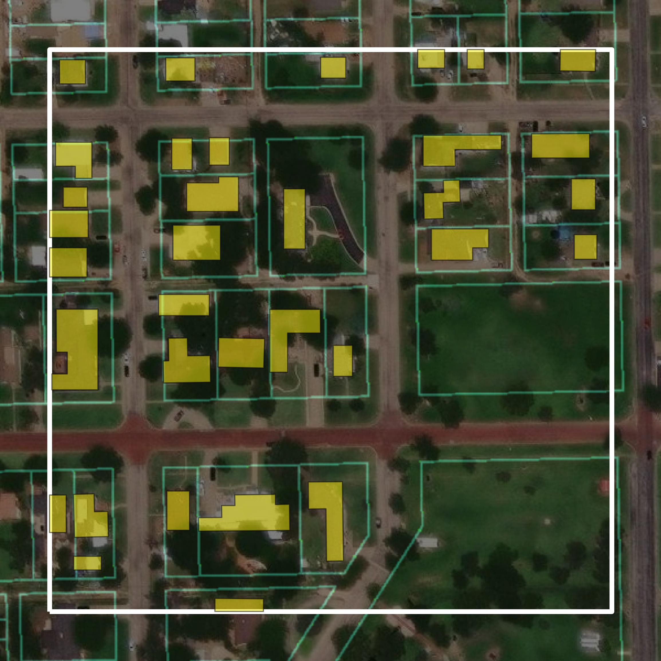 This image shows parcel and building data in Hale County created using GIS data in Equator.