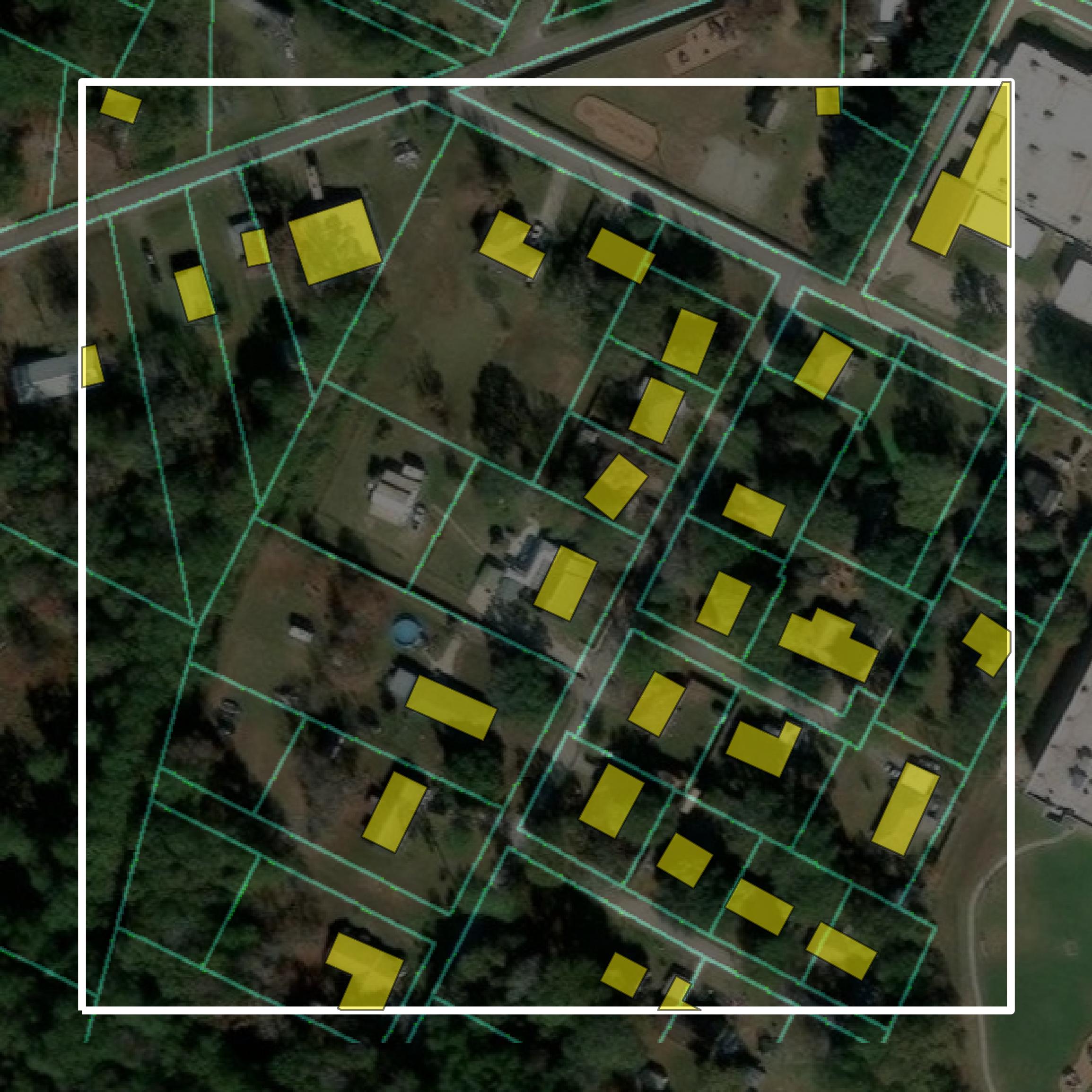 This image shows parcel and building data in Hardin County created using GIS data in Equator.