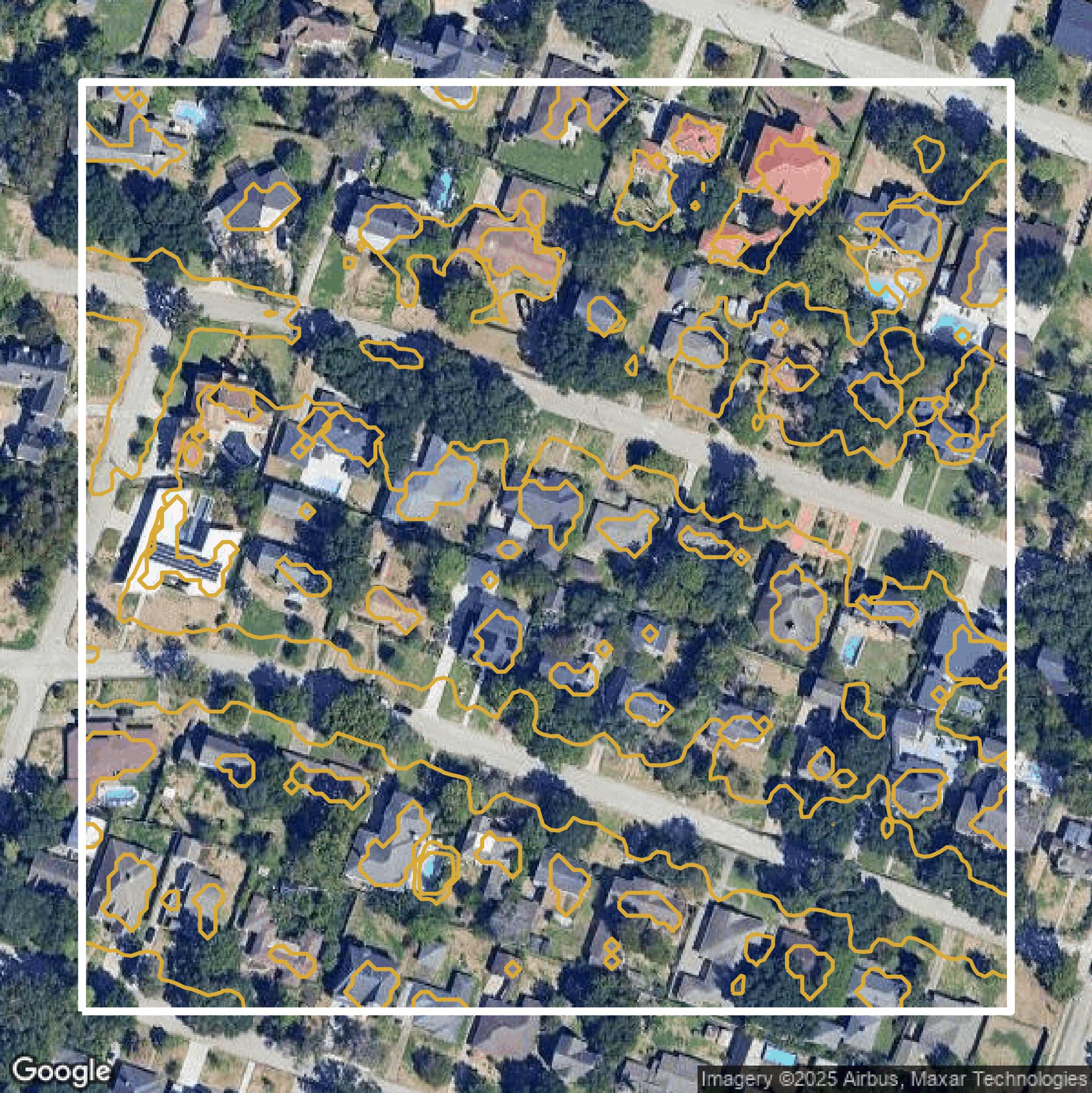This image shows a contour map in Harris County created using GIS data in Equator.
