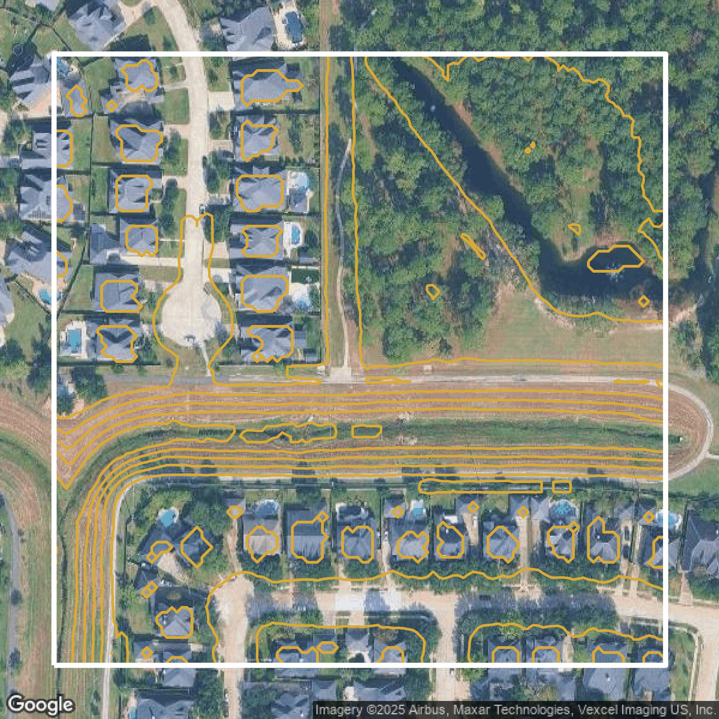 This image shows a contour map in Harris County created using GIS data in Equator.