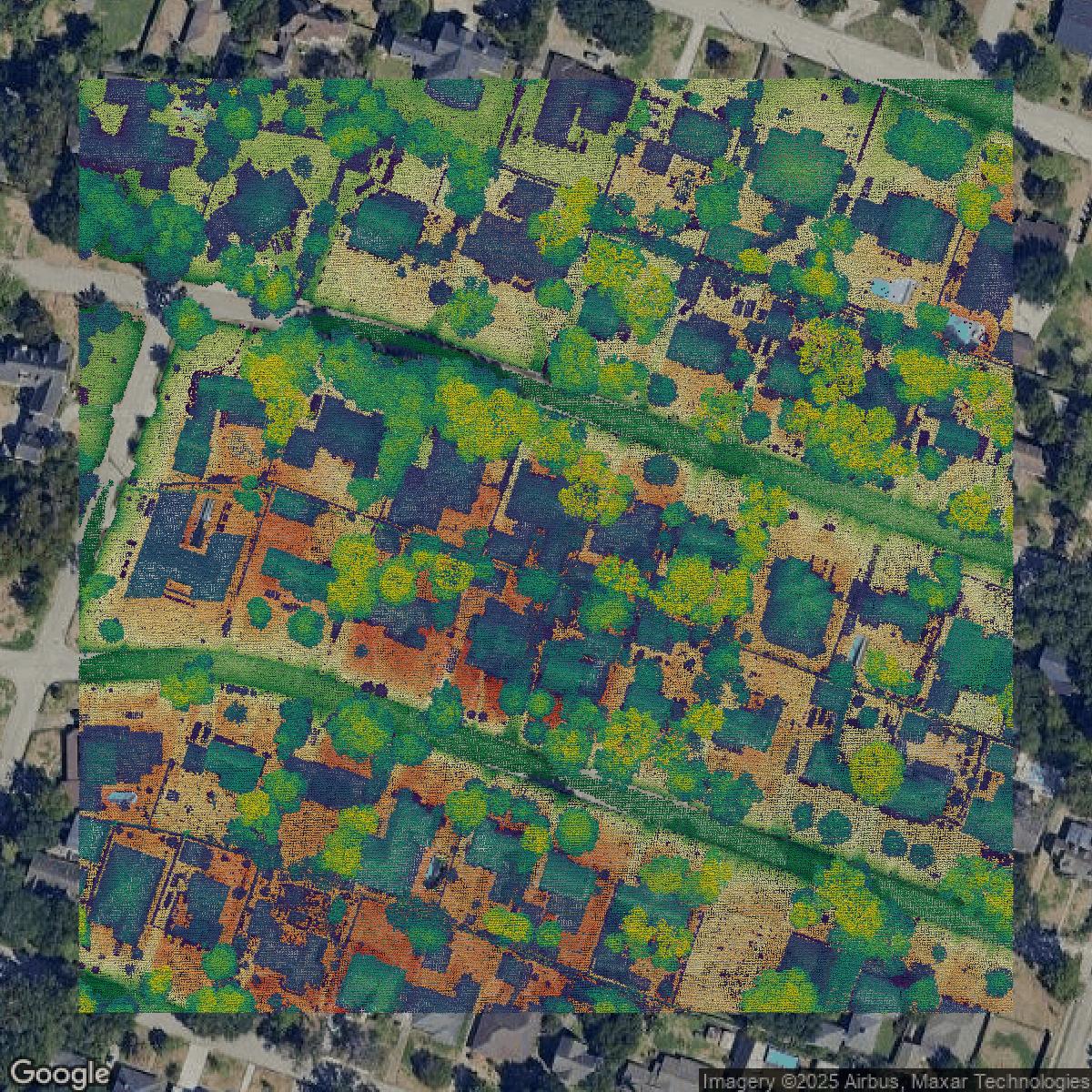 This image shows a LiDAR point cloud in Harris County created using GIS data in Equator.