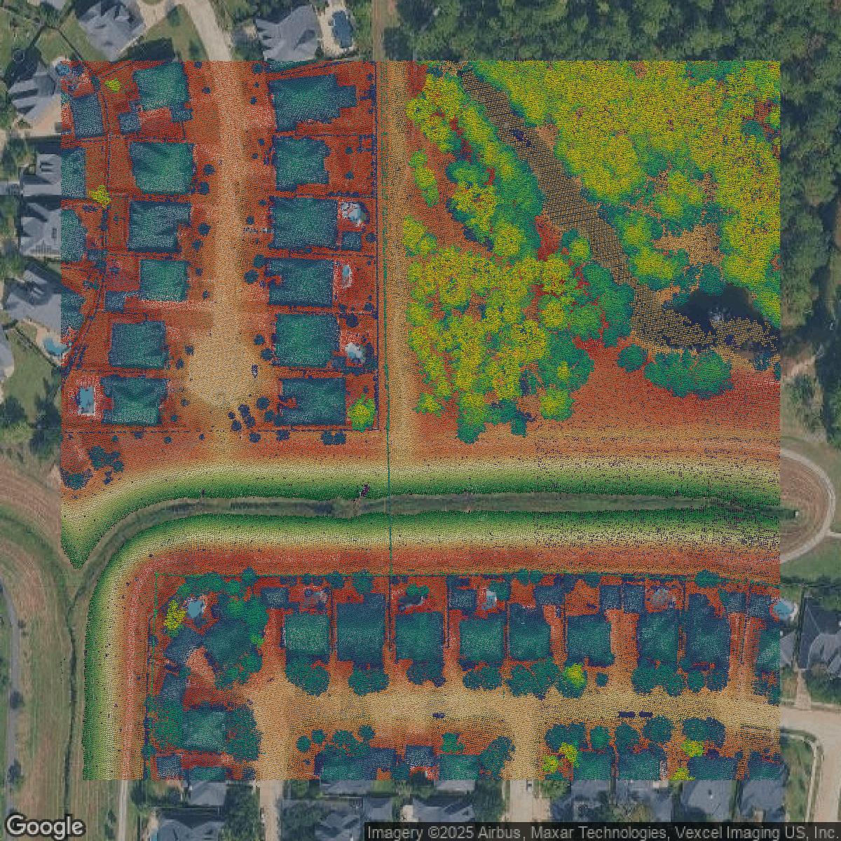 This image shows a LiDAR point cloud in Harris County created using GIS data in Equator.