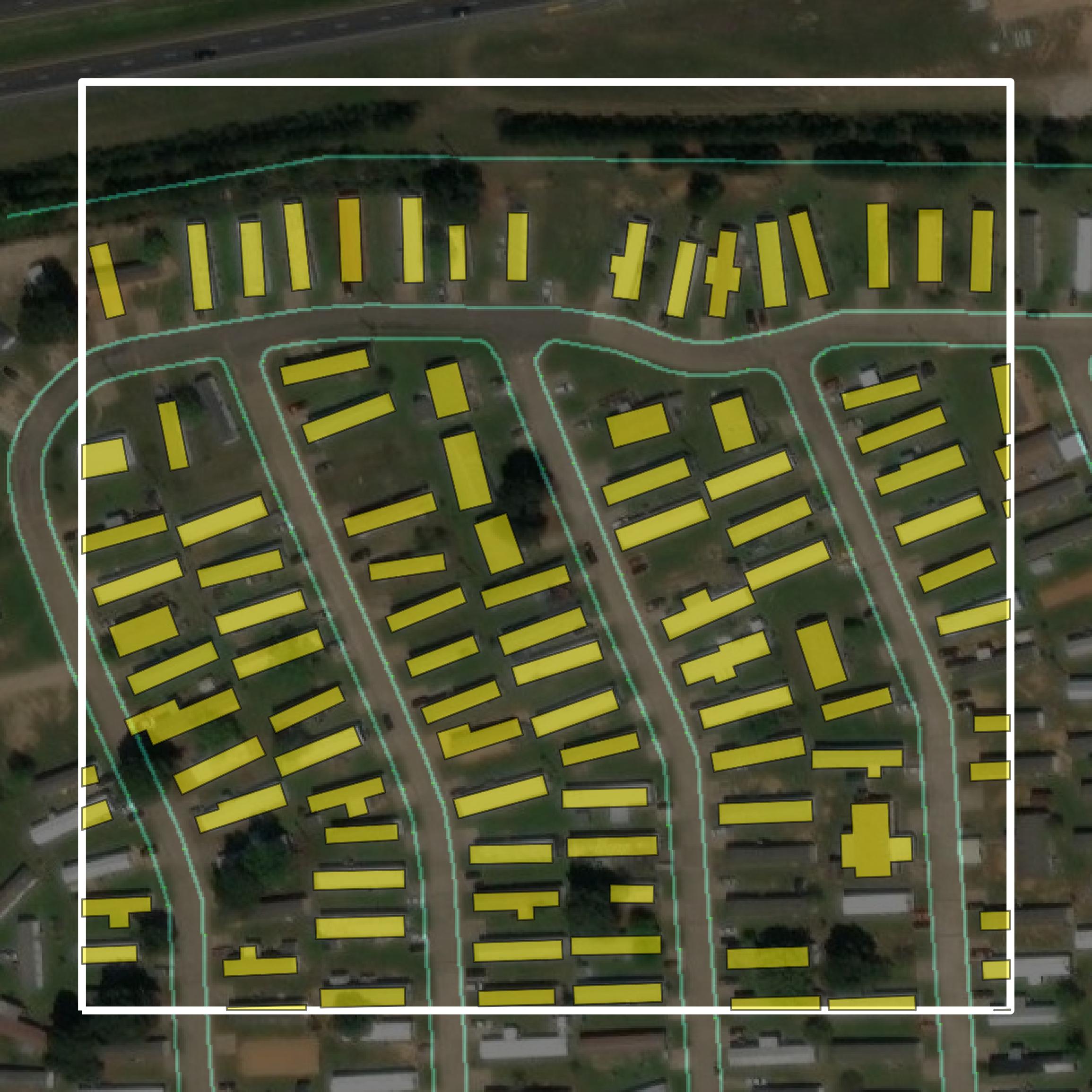 This image shows parcel and building data in Harrison County created using GIS data in Equator.