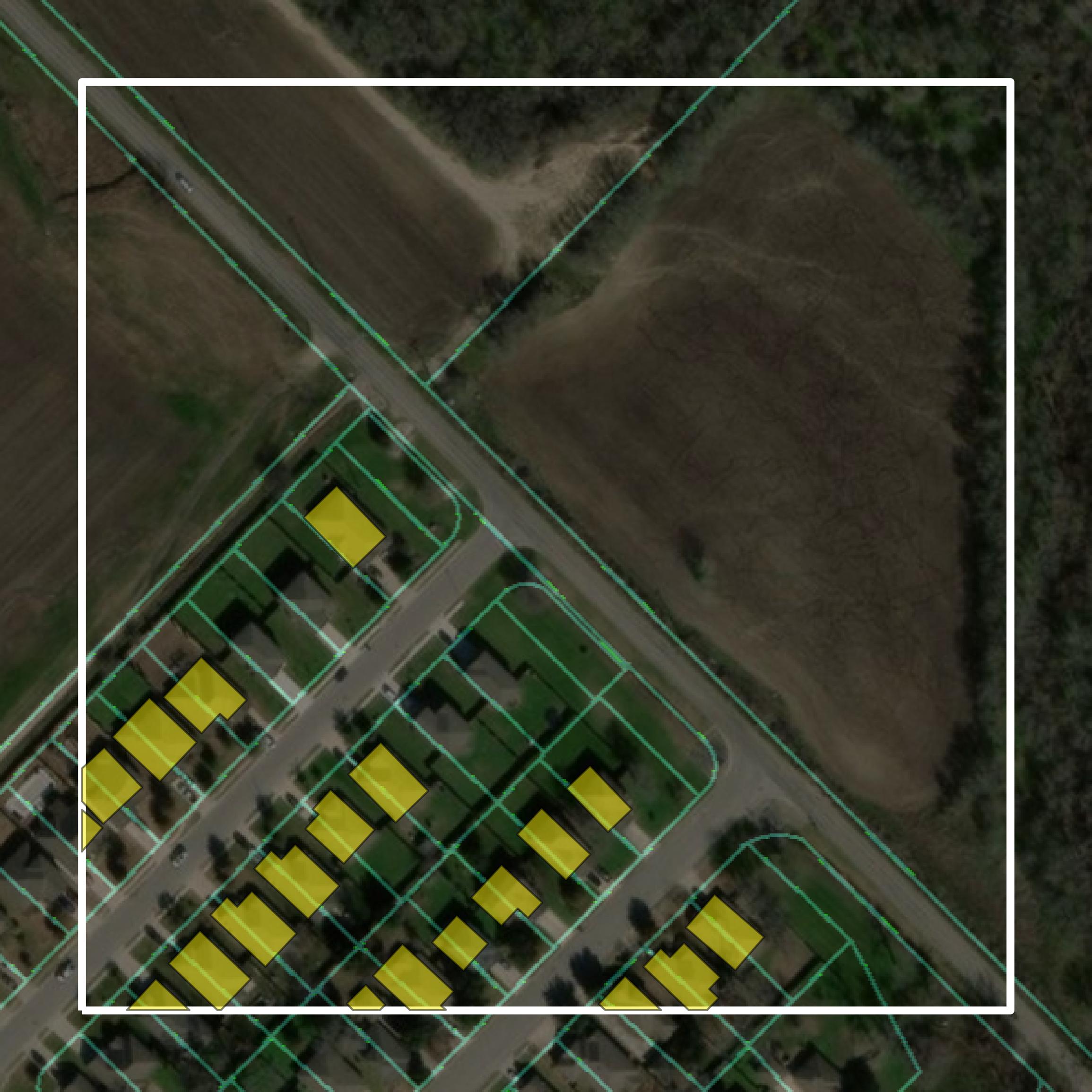 This image shows parcel and building data in Hays County created using GIS data in Equator.