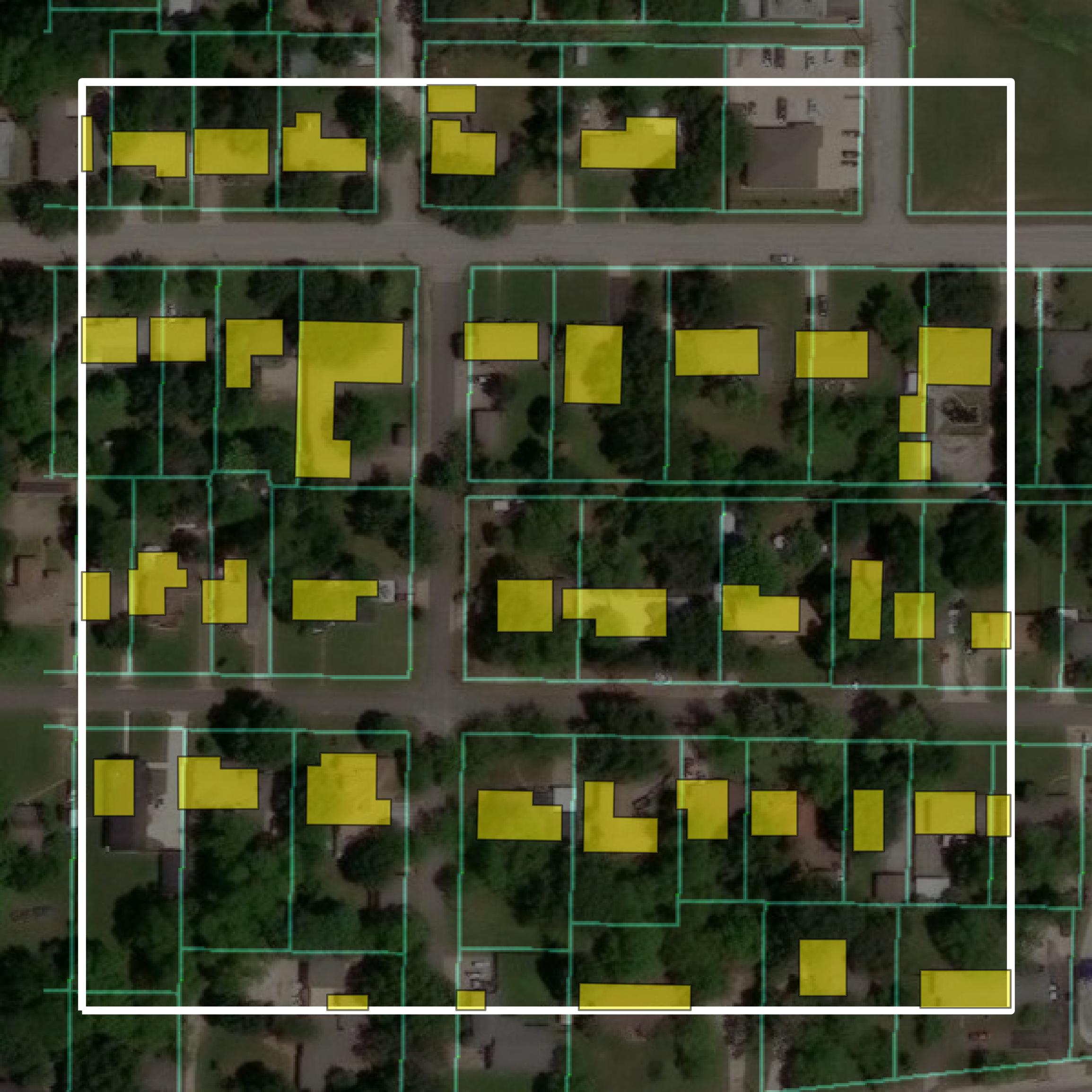 This image shows parcel and building data in Hill County created using GIS data in Equator.