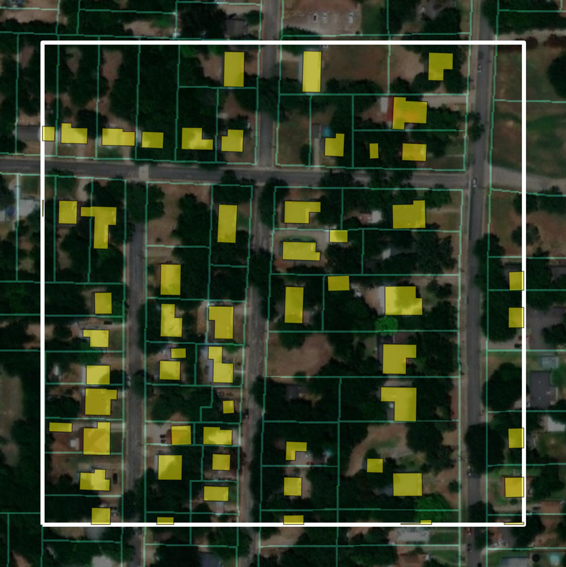 This image shows parcel and building data in Hopkins County created using GIS data in Equator.