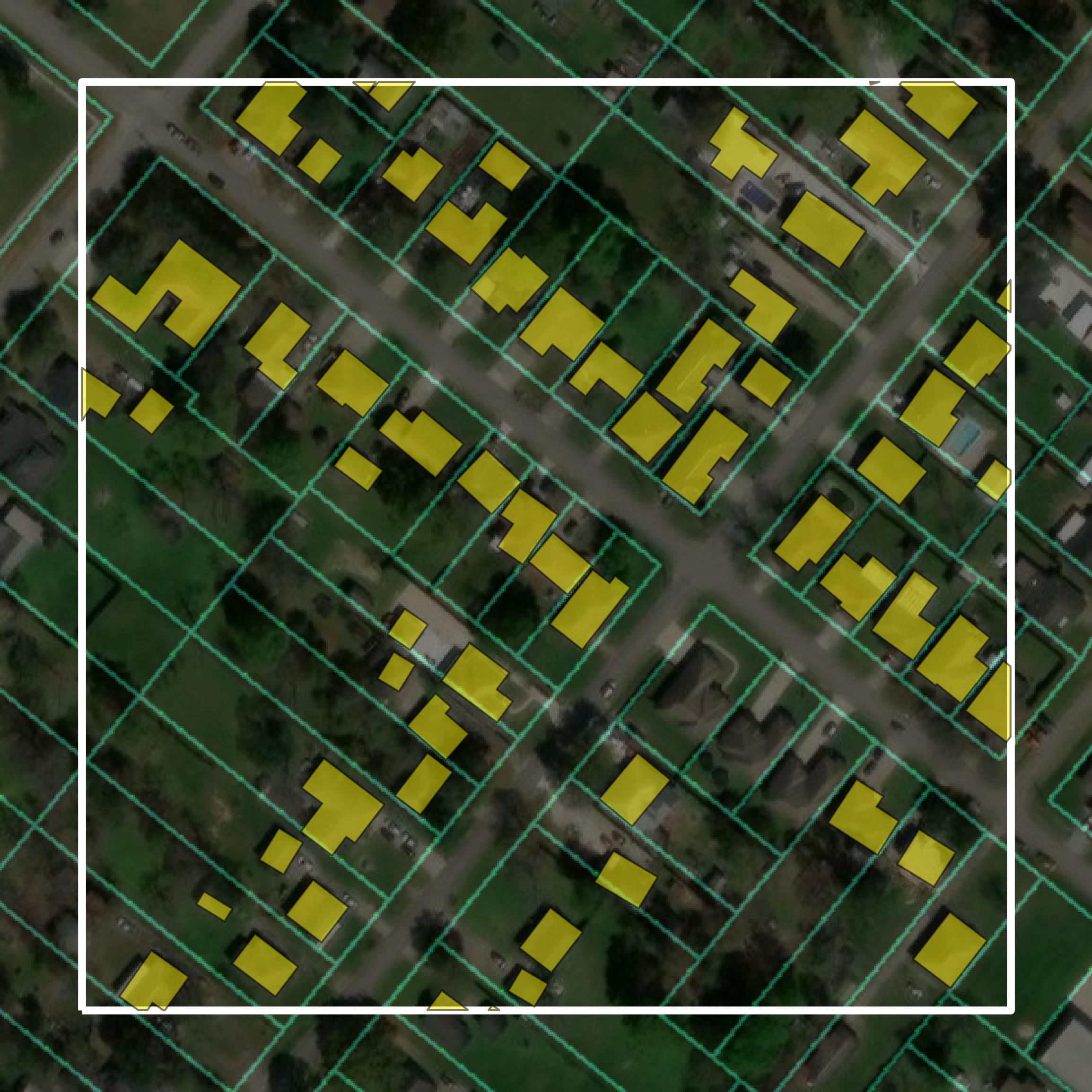 This image shows parcel and building data in Jefferson County created using GIS data in Equator.