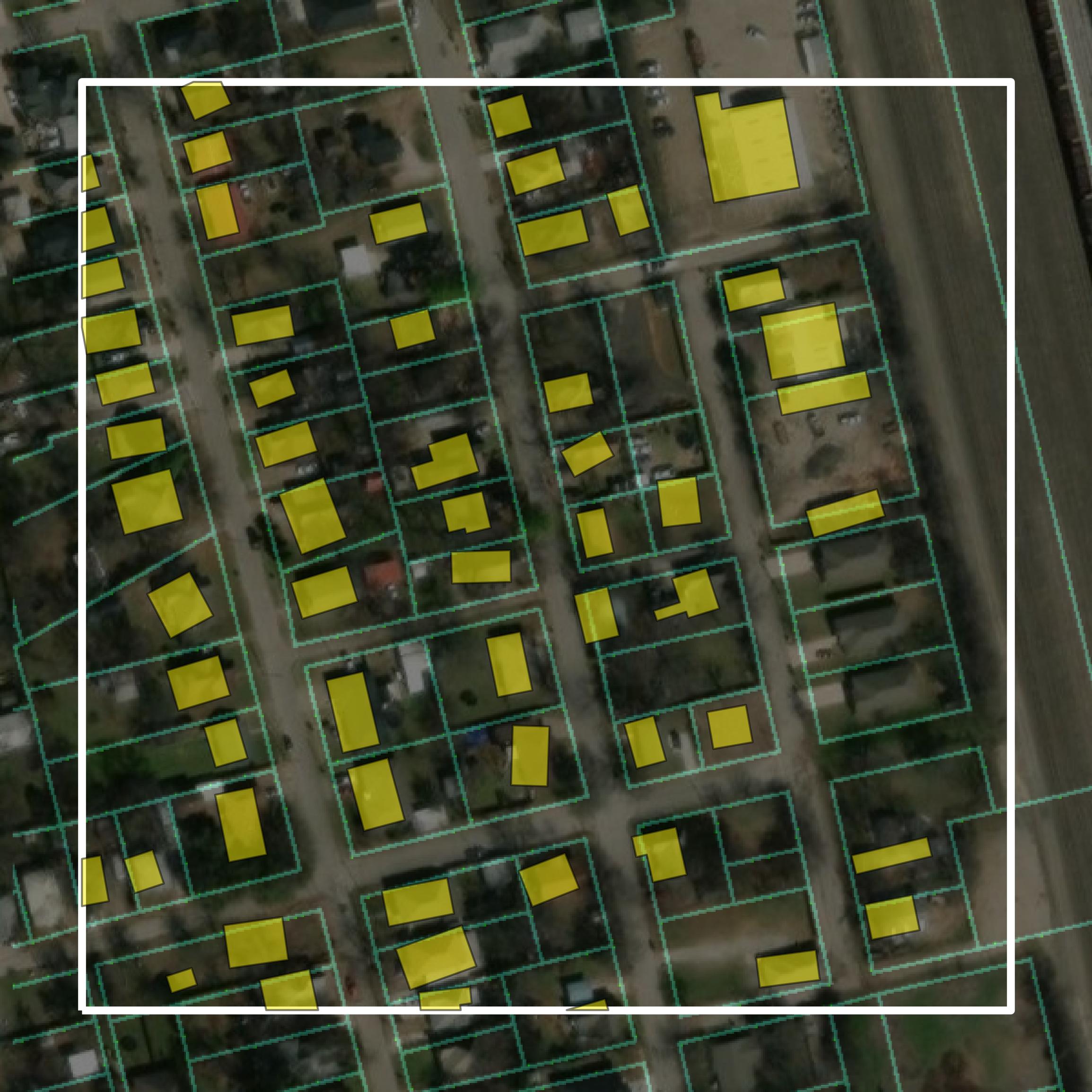 This image shows parcel and building data in Johnson County created using GIS data in Equator.