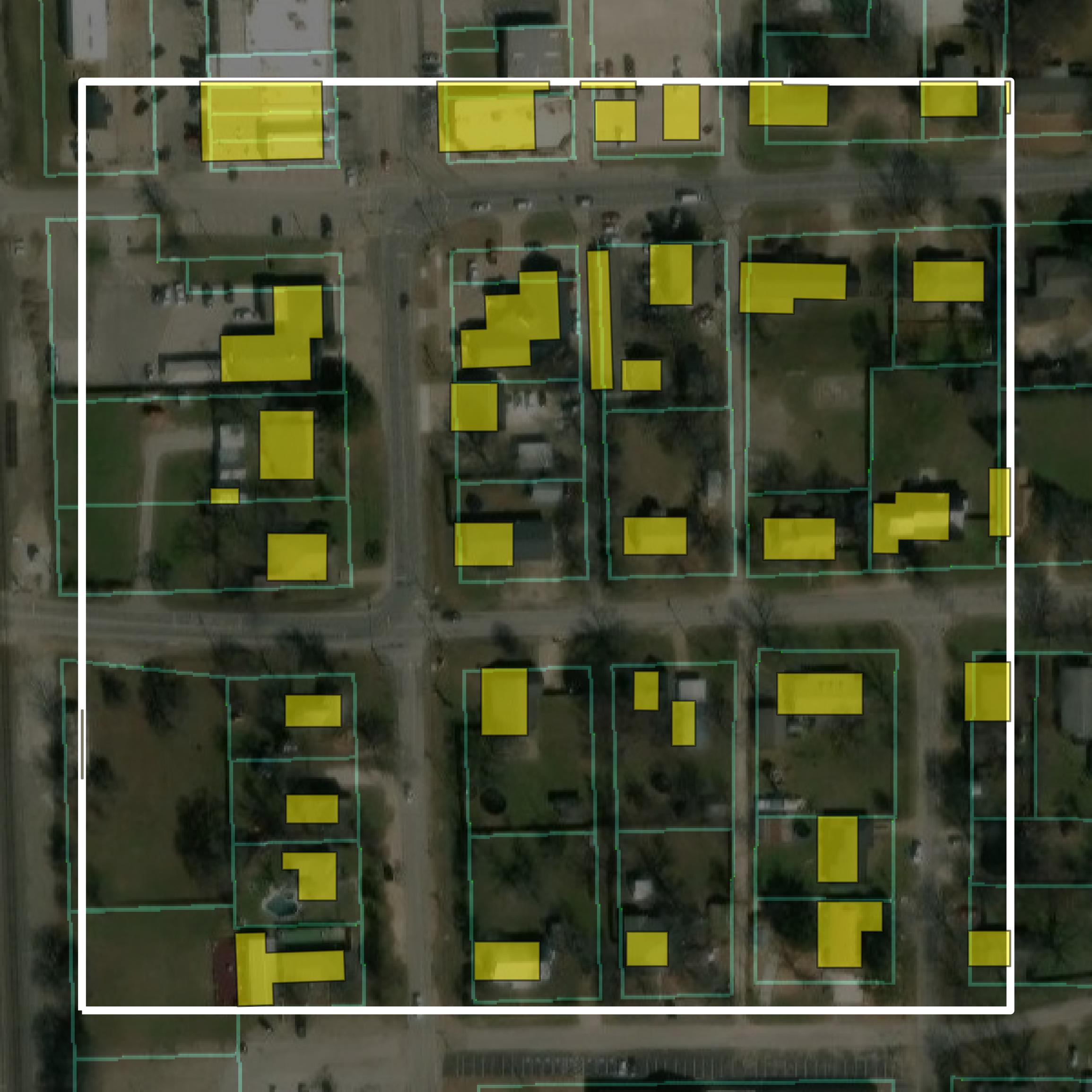 This image shows parcel and building data in Johnson County created using GIS data in Equator.
