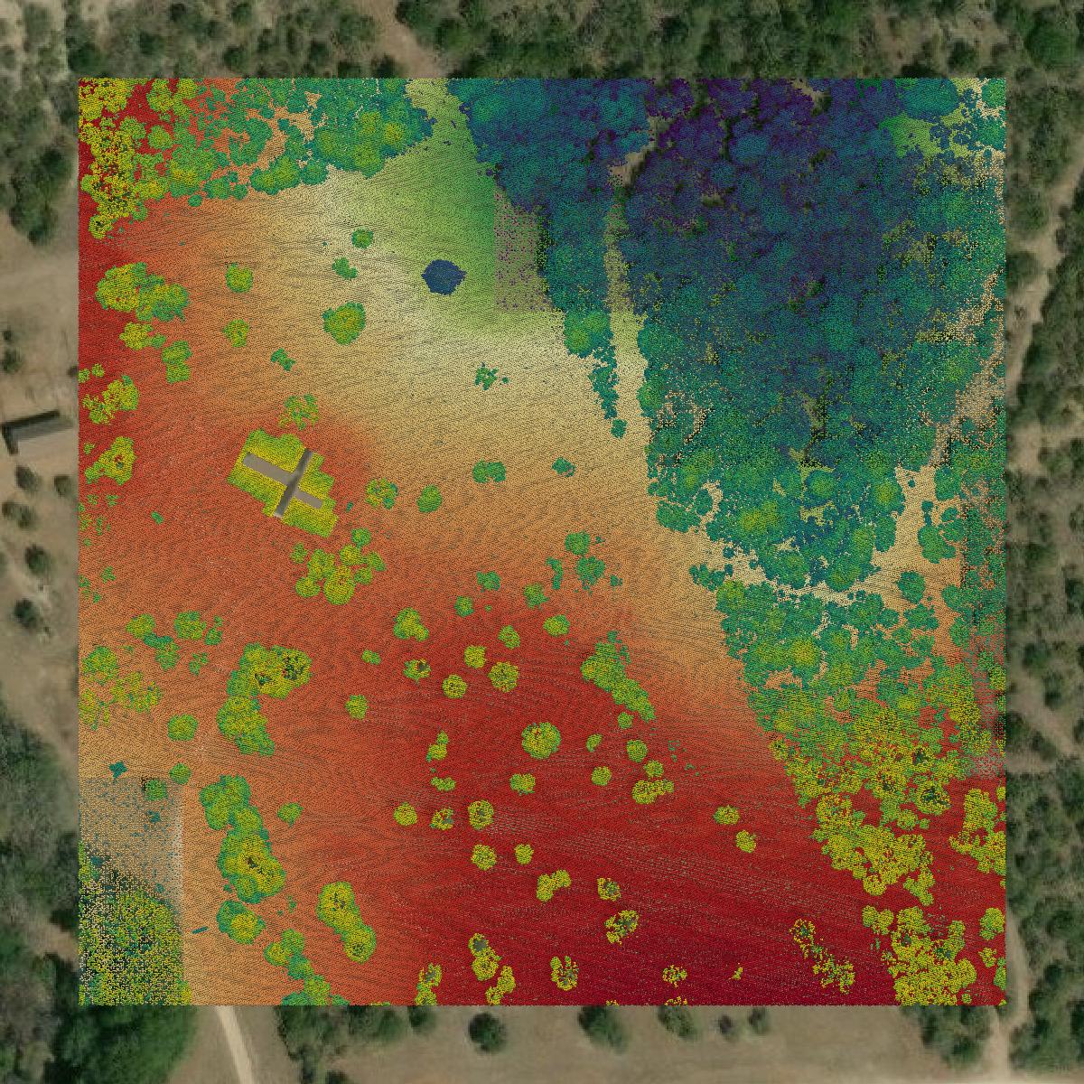 This image shows a LiDAR point cloud in Lampasas County created using GIS data in Equator.