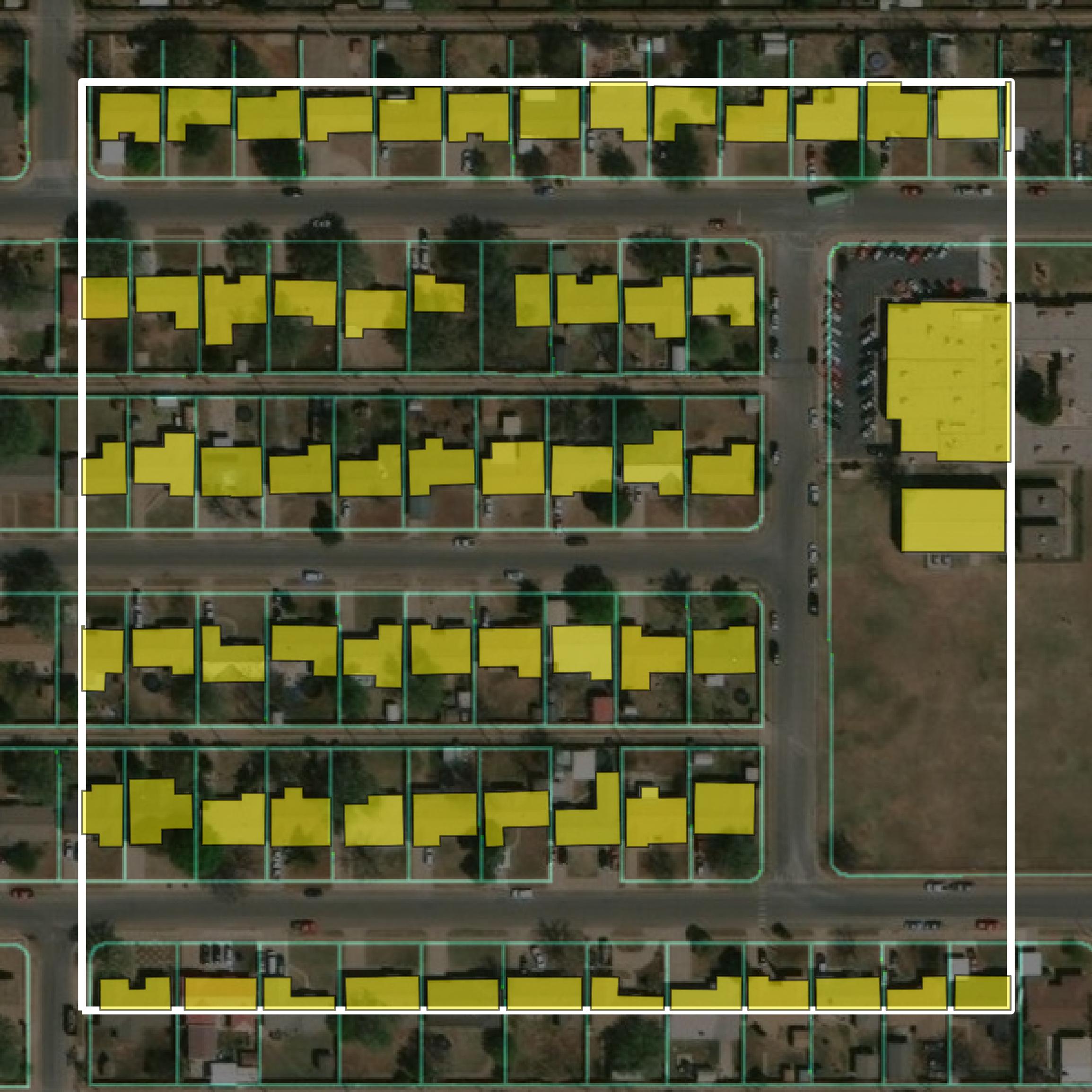This image shows parcel and building data in Lubbock County created using GIS data in Equator.