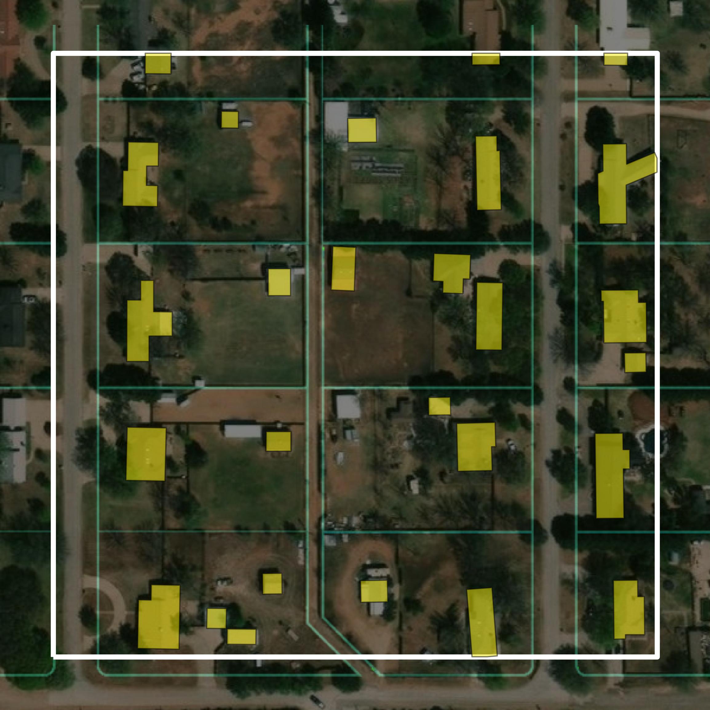 This image shows parcel and building data in Lubbock County created using GIS data in Equator.
