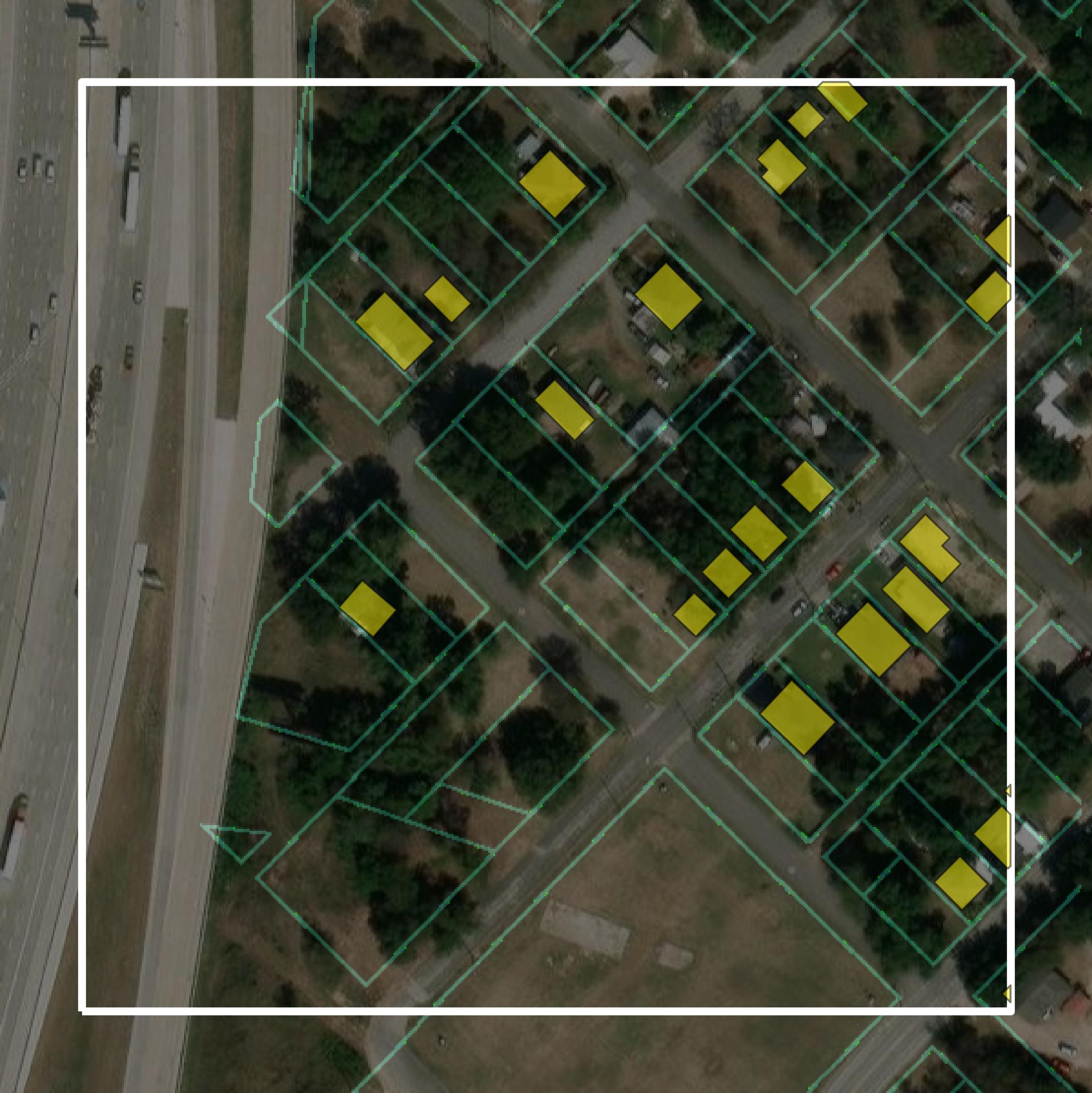 This image shows parcel and building data in McLennan County created using GIS data in Equator.