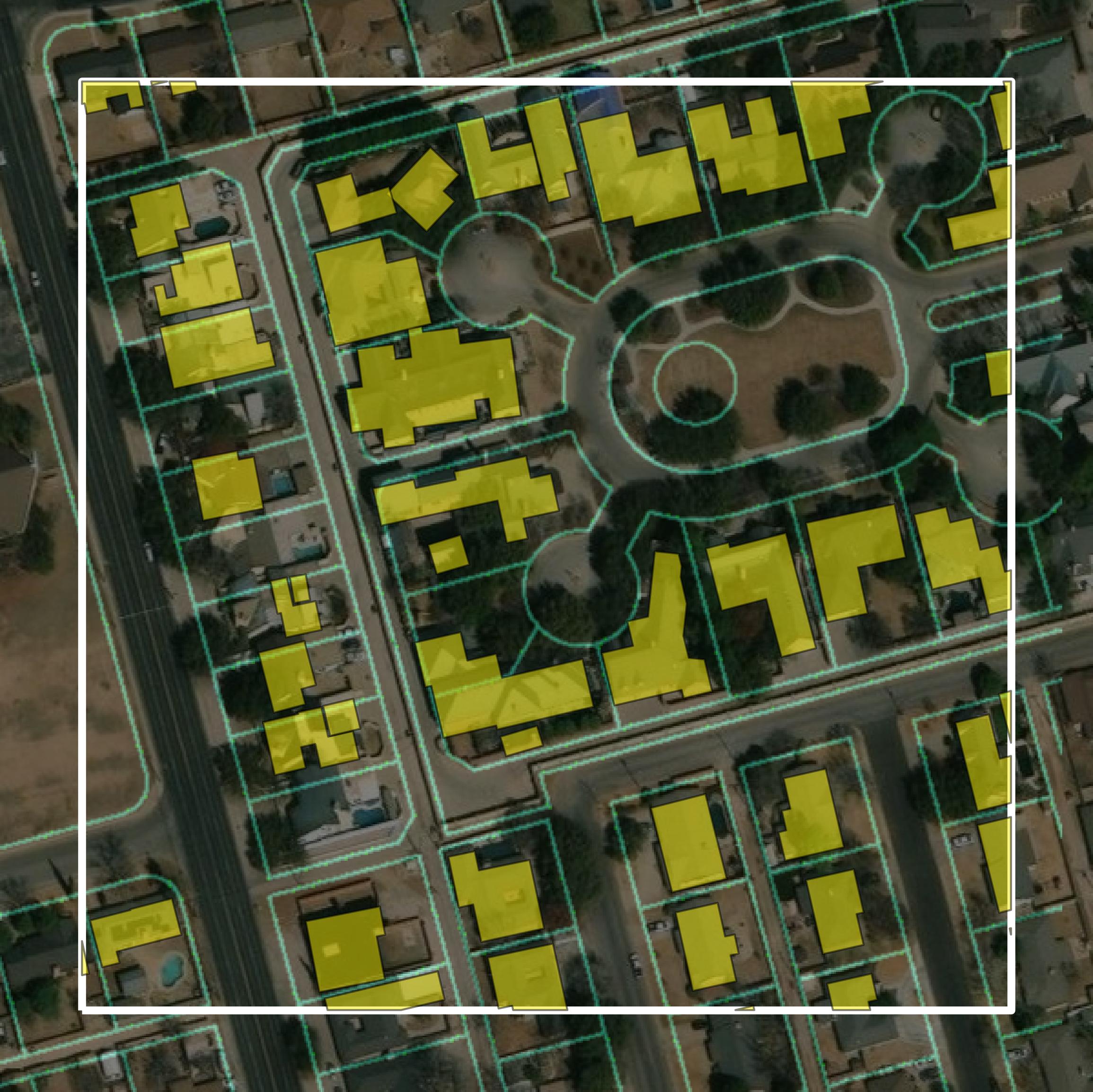 This image shows parcel and building data in Midland County created using GIS data in Equator.