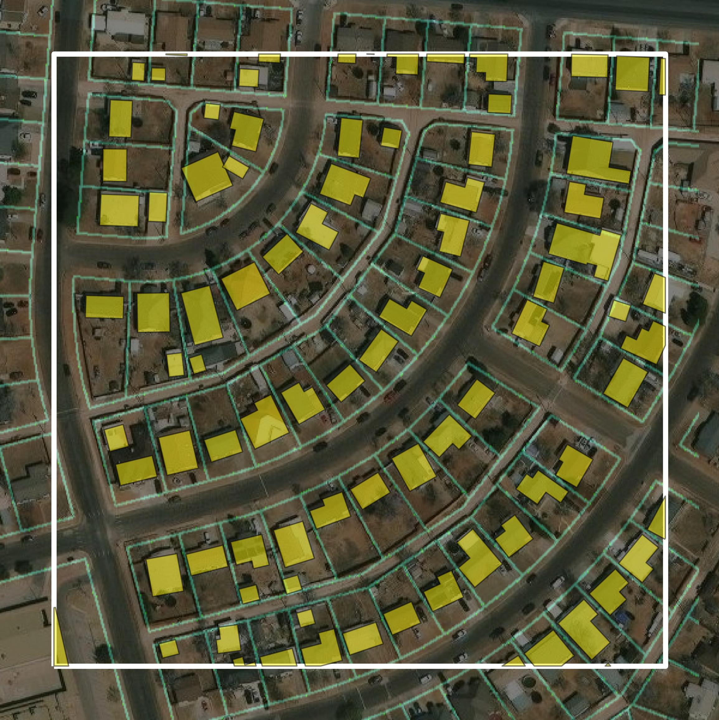 This image shows parcel and building data in Midland County created using GIS data in Equator.