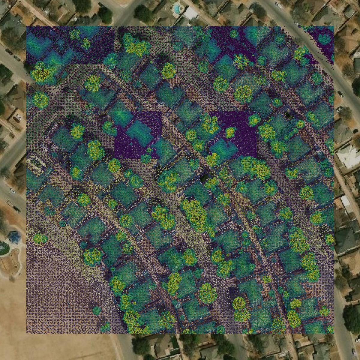 This image shows a LiDAR point cloud in Midland County created using GIS data in Equator.