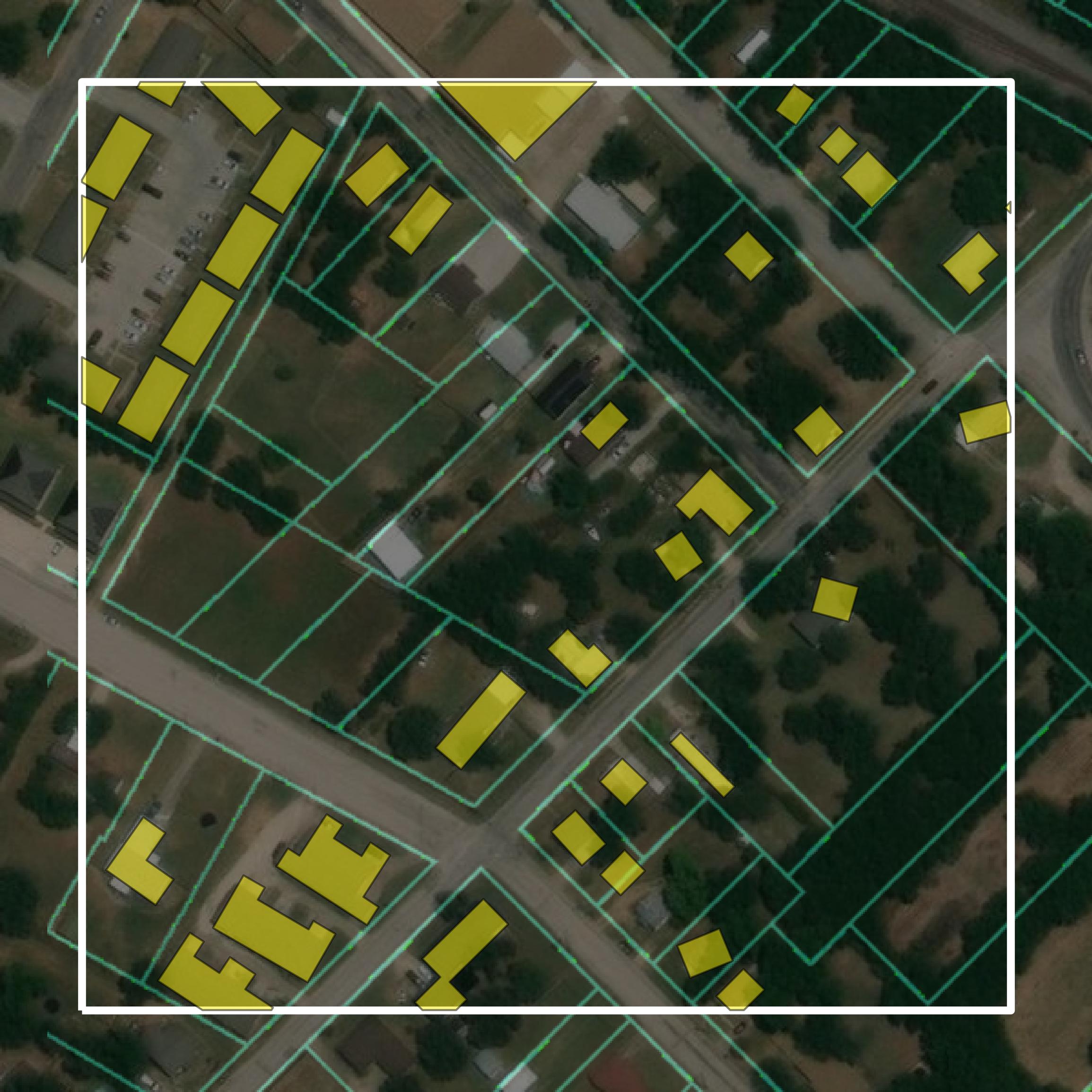 This image shows parcel and building data in Montague County created using GIS data in Equator.