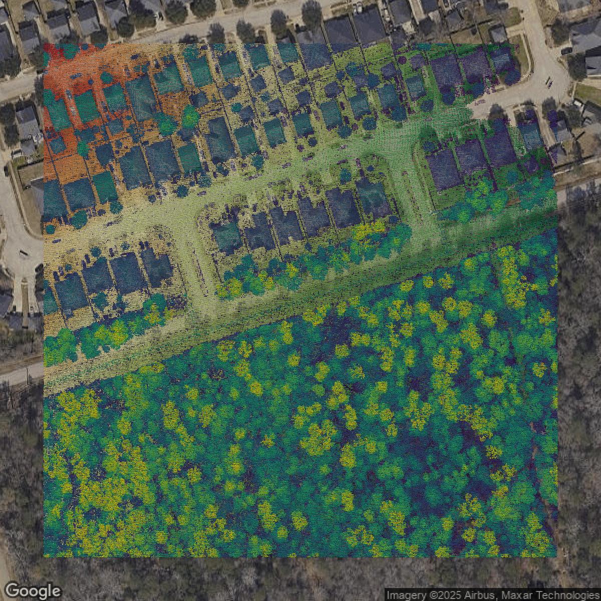 This image shows a LiDAR point cloud in Montgomery County created using GIS data in Equator.