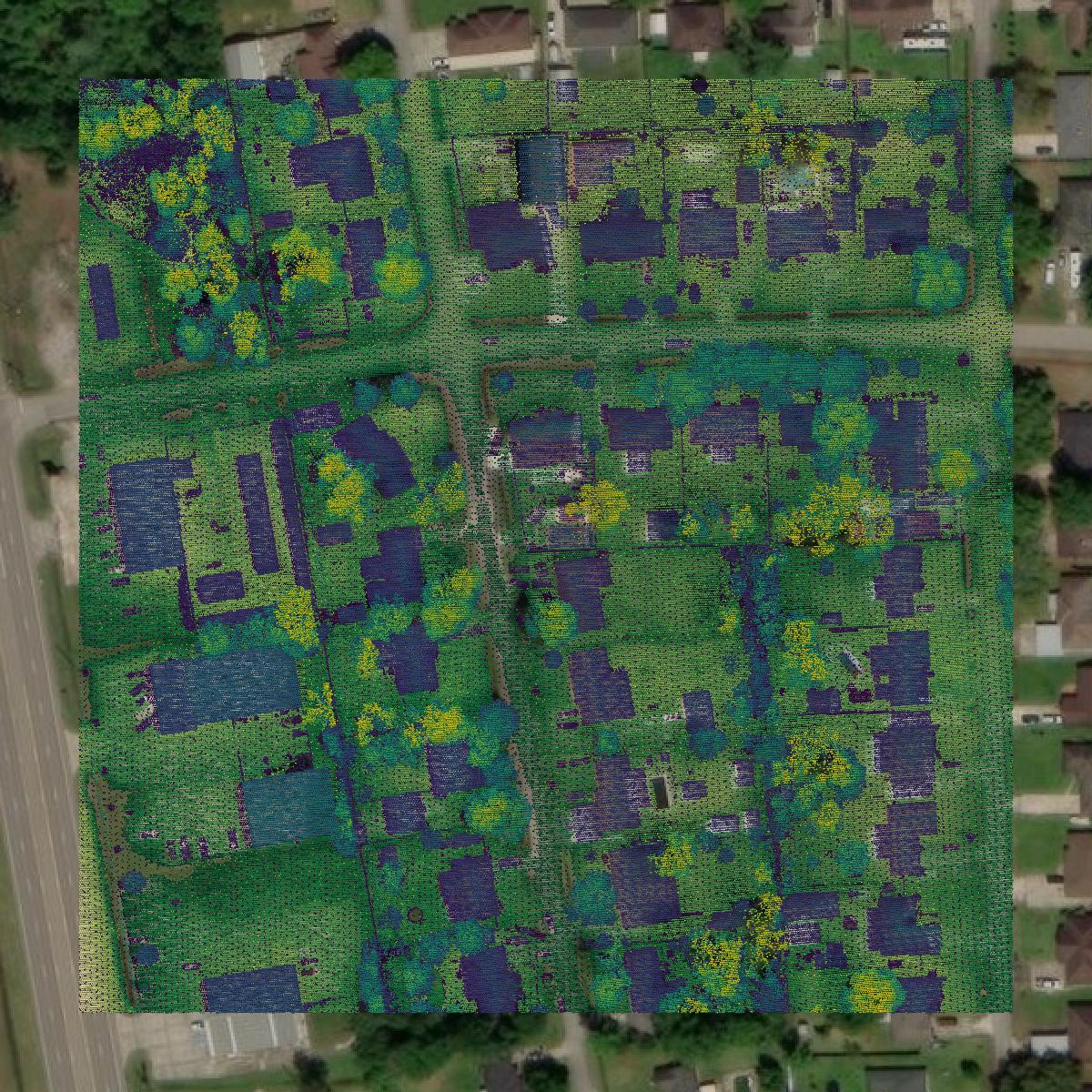 This image shows a LiDAR point cloud in Orange County created using GIS data in Equator.