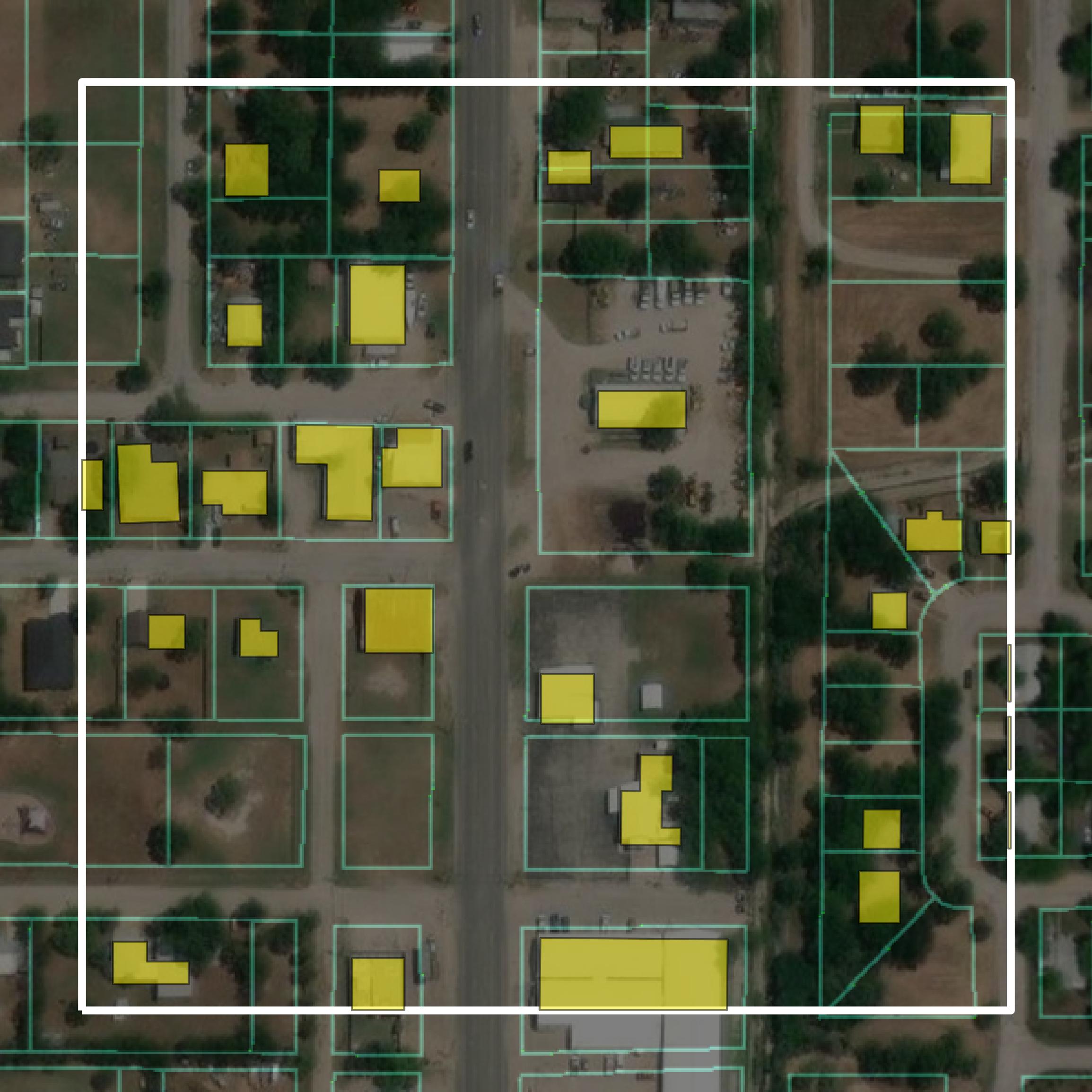 This image shows parcel and building data in Palo Pinto County created using GIS data in Equator.