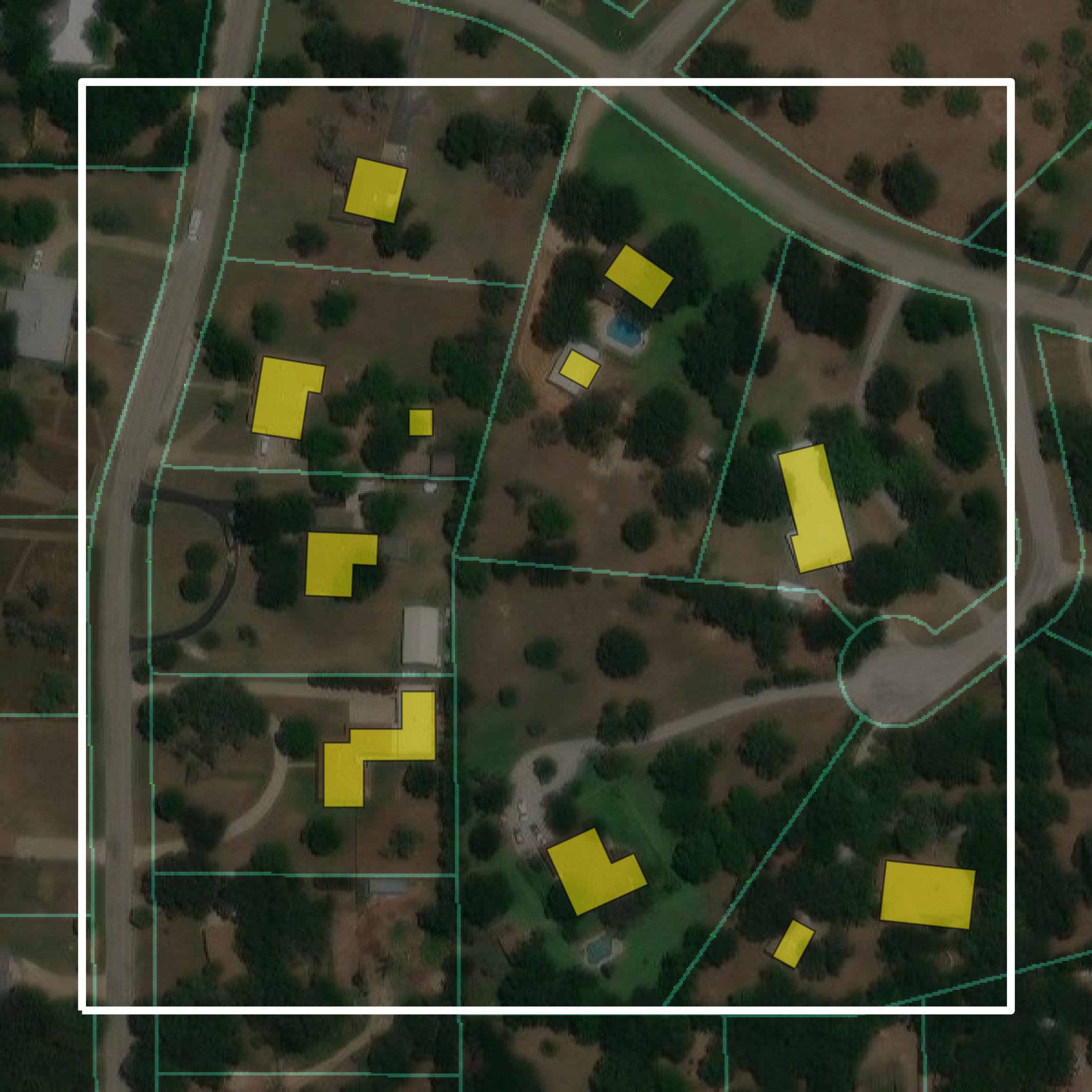This image shows parcel and building data in Parker County created using GIS data in Equator.