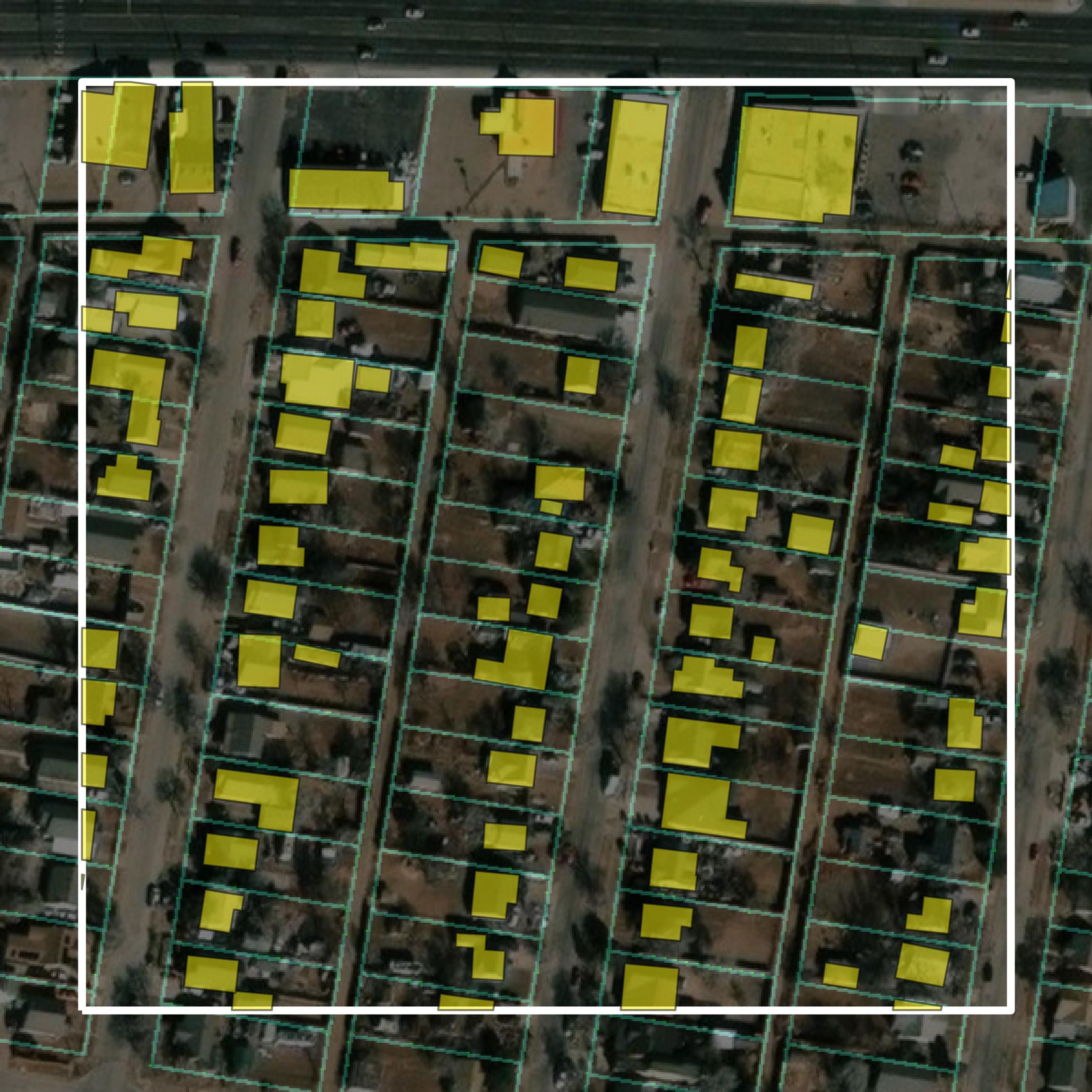 This image shows parcel and building data in Potter County created using GIS data in Equator.