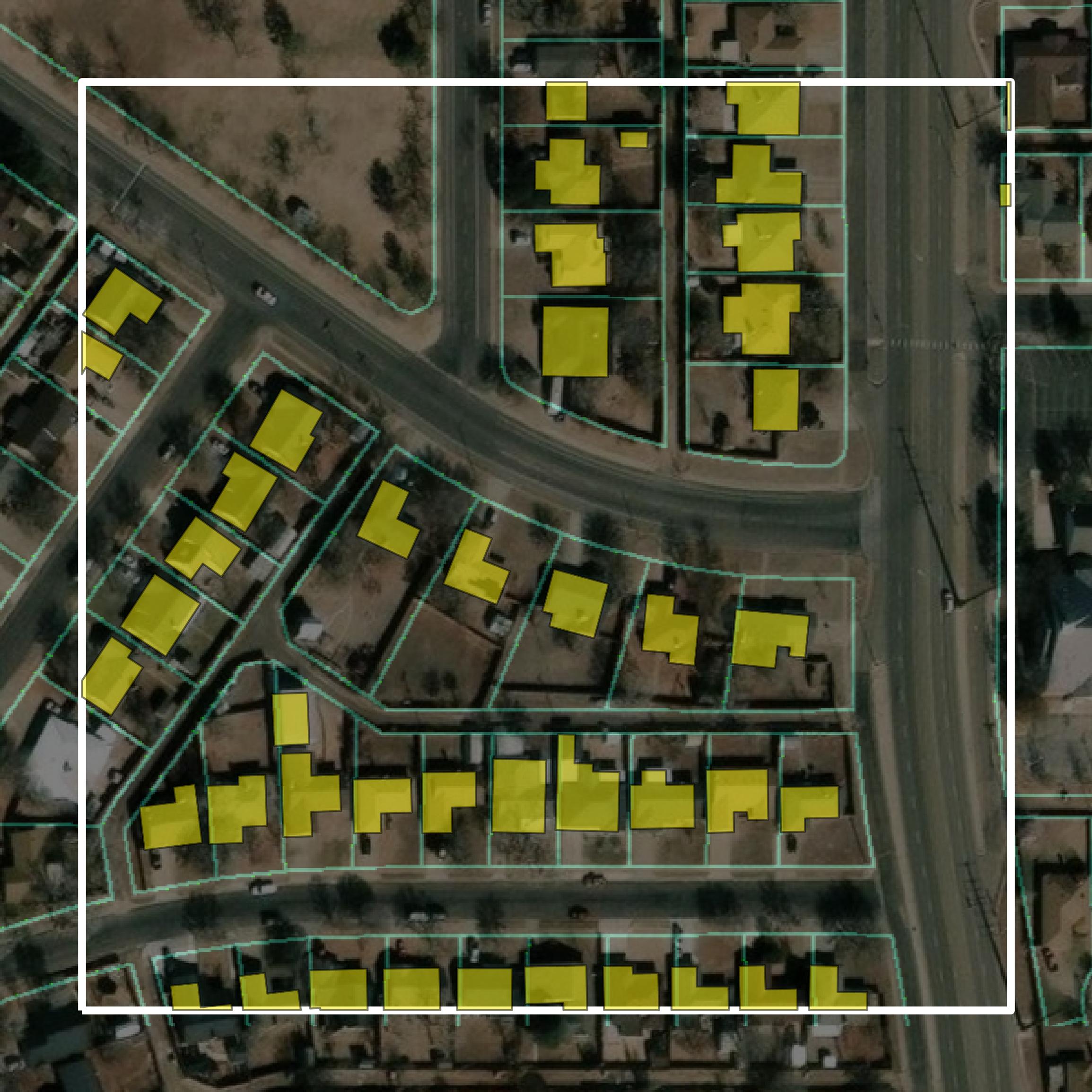 This image shows parcel and building data in Randall County created using GIS data in Equator.