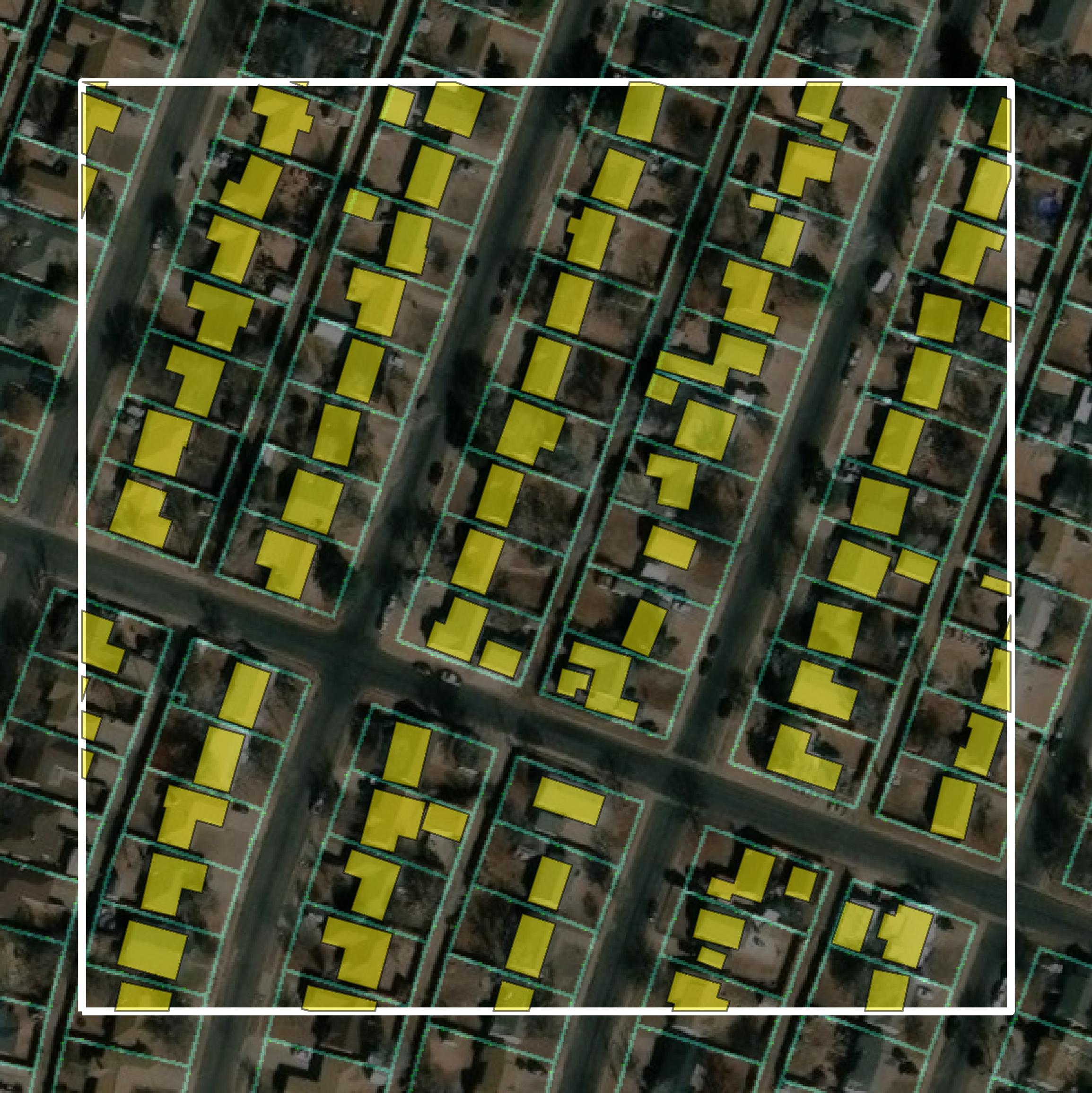 This image shows parcel and building data in Randall County created using GIS data in Equator.