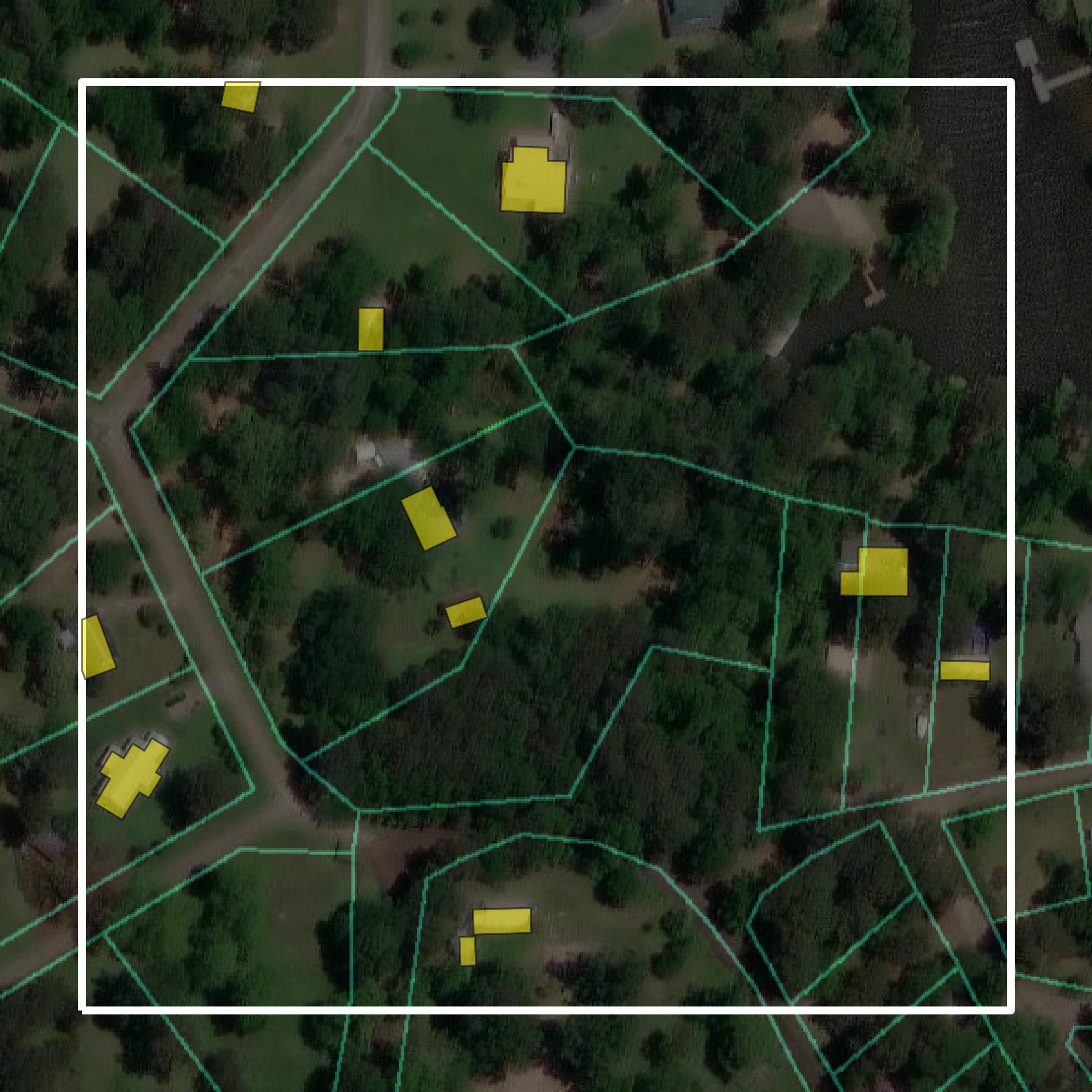 This image shows parcel and building data in Sabine County created using GIS data in Equator.