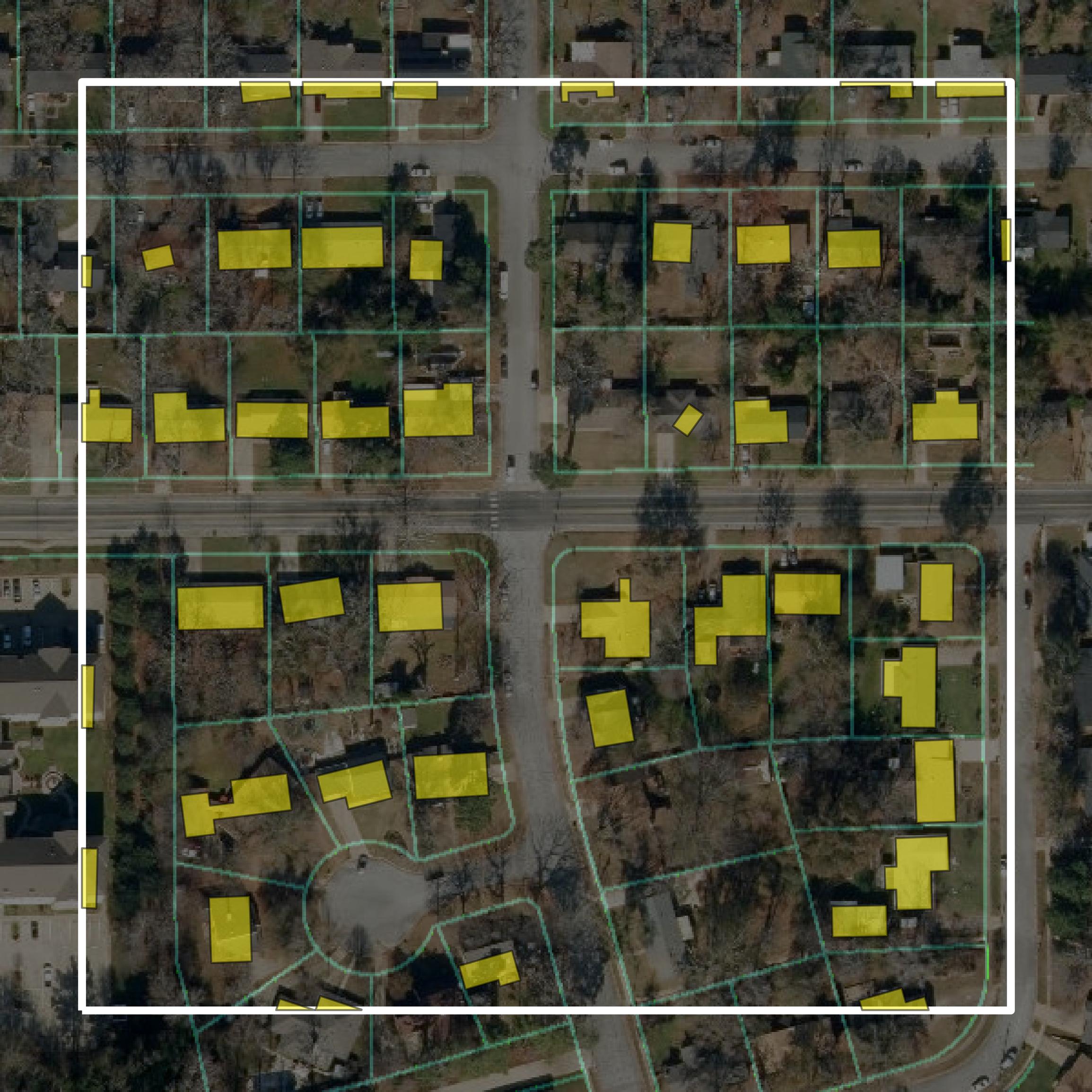 This image shows parcel and building data in Smith County created using GIS data in Equator.