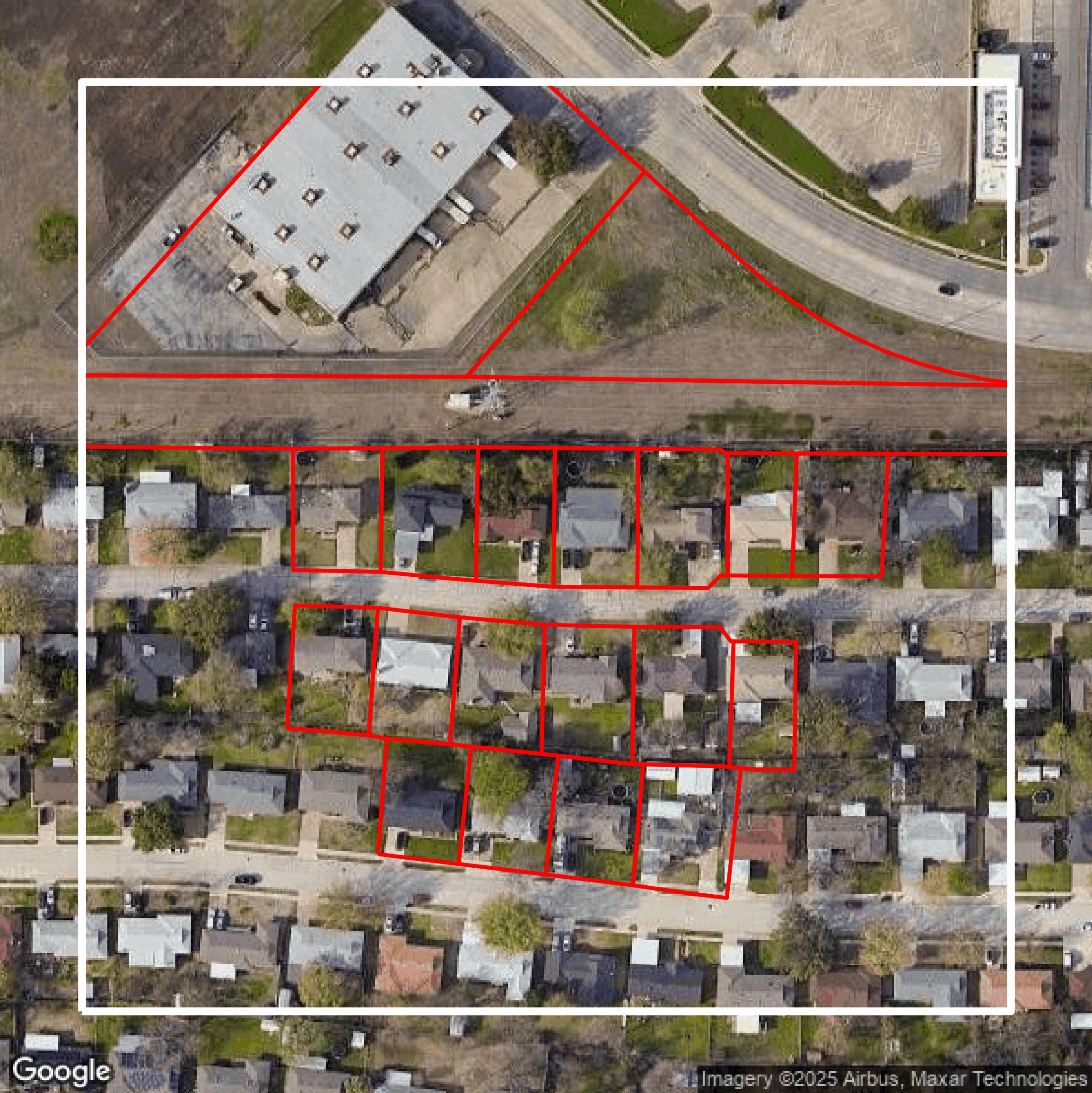This image shows parcel and building data in Tarrant County created using GIS data in Equator.
