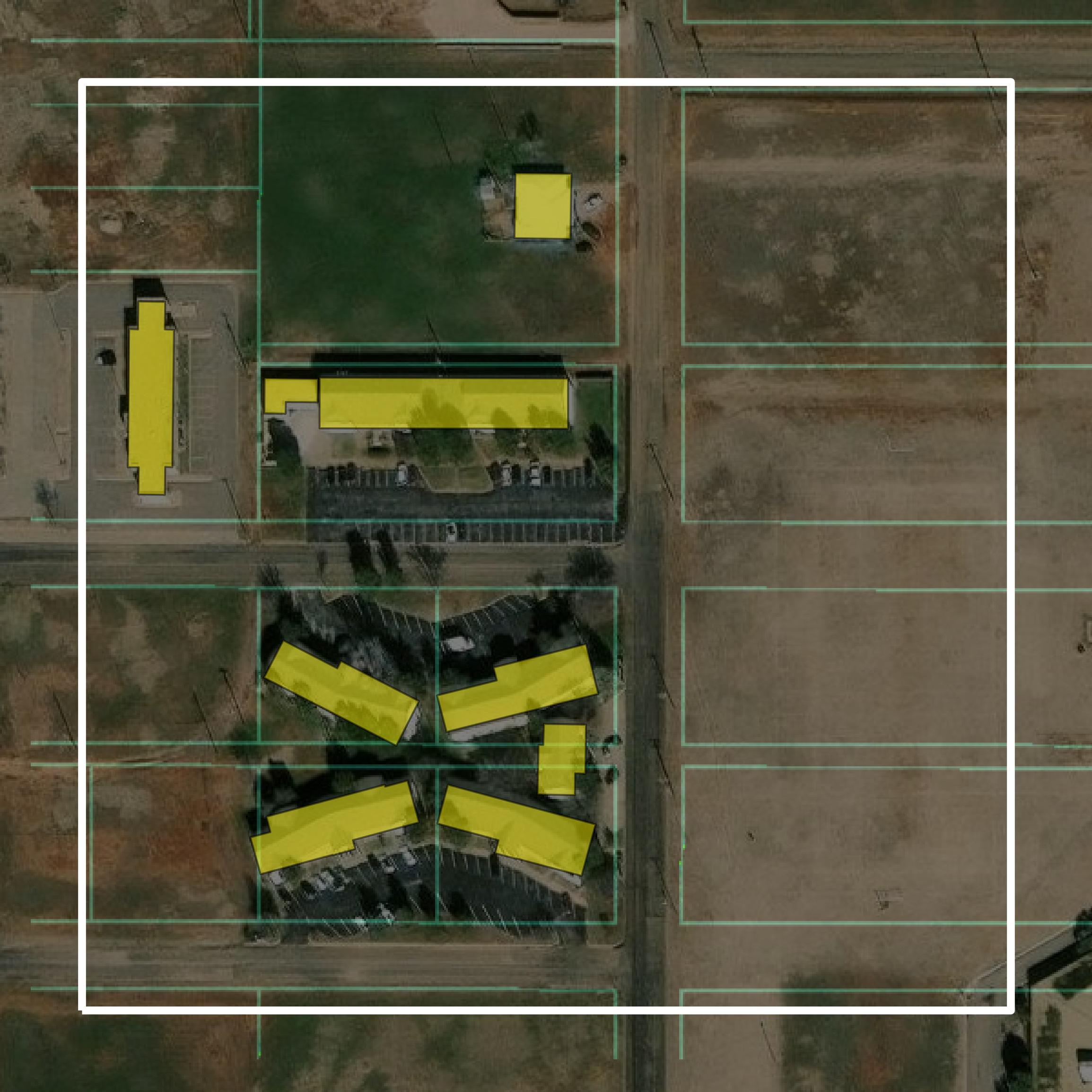This image shows parcel and building data in Terry County created using GIS data in Equator.
