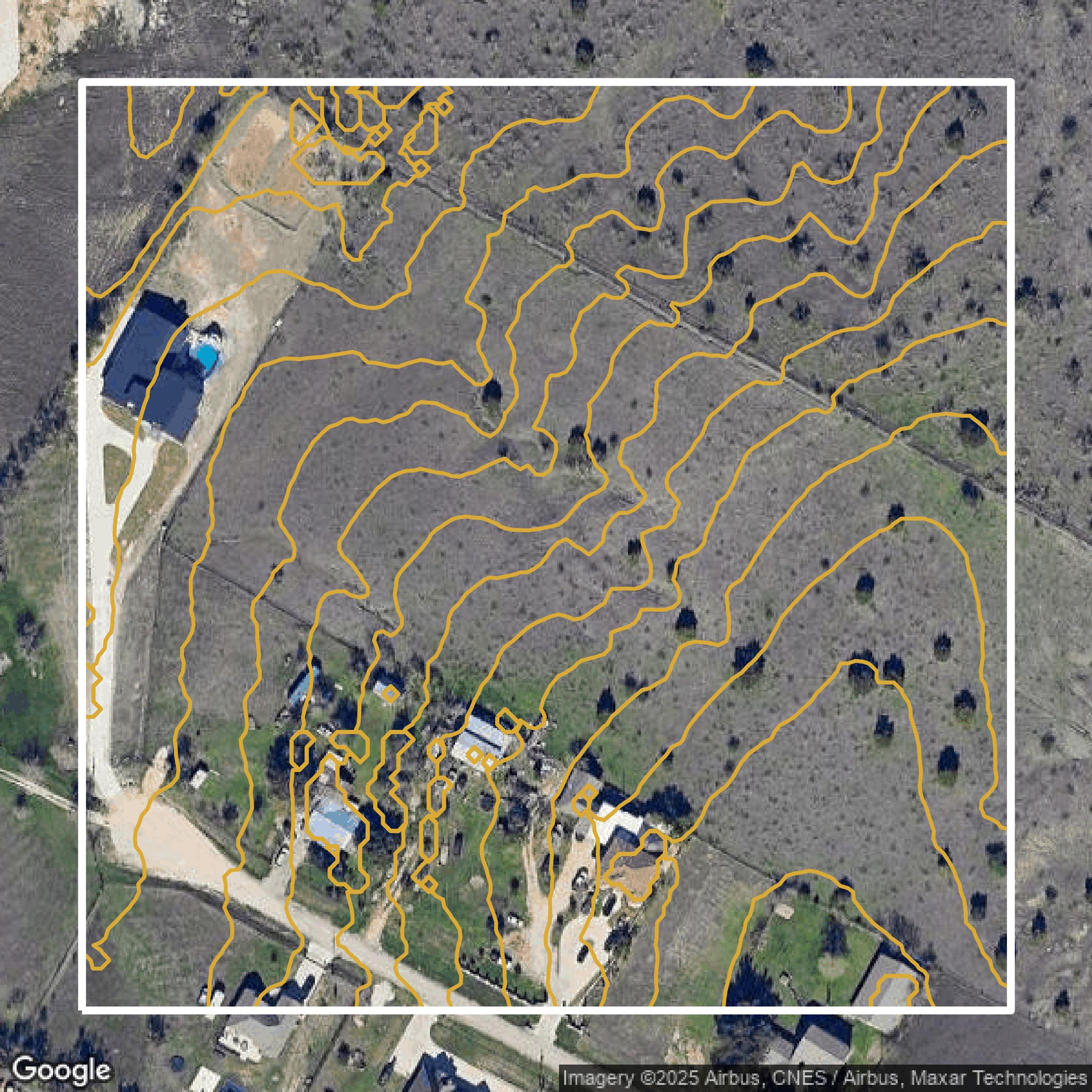 This image shows a contour map in Travis County created using GIS data in Equator.