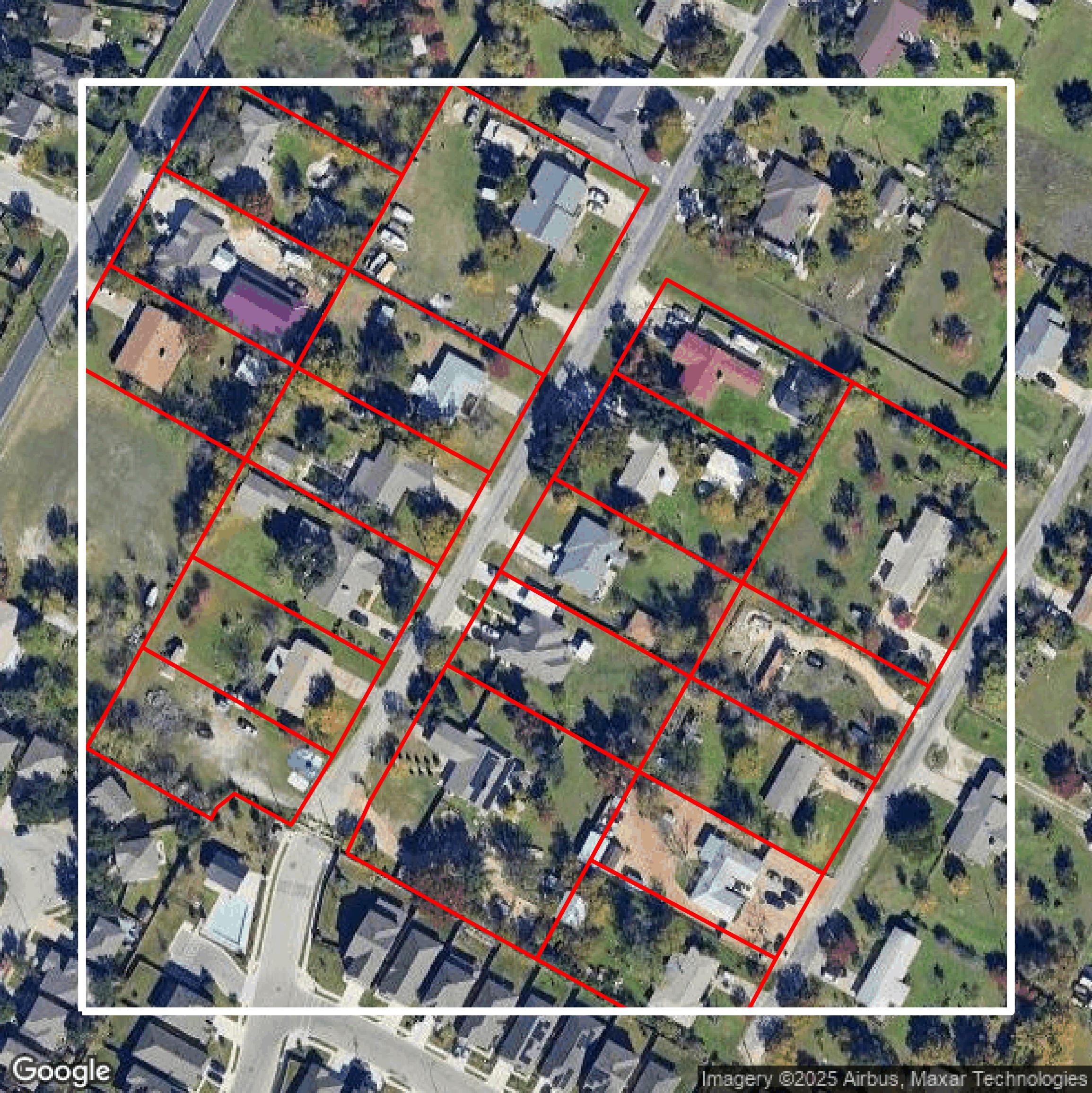 This image shows parcel and building data in Travis County created using GIS data in Equator.