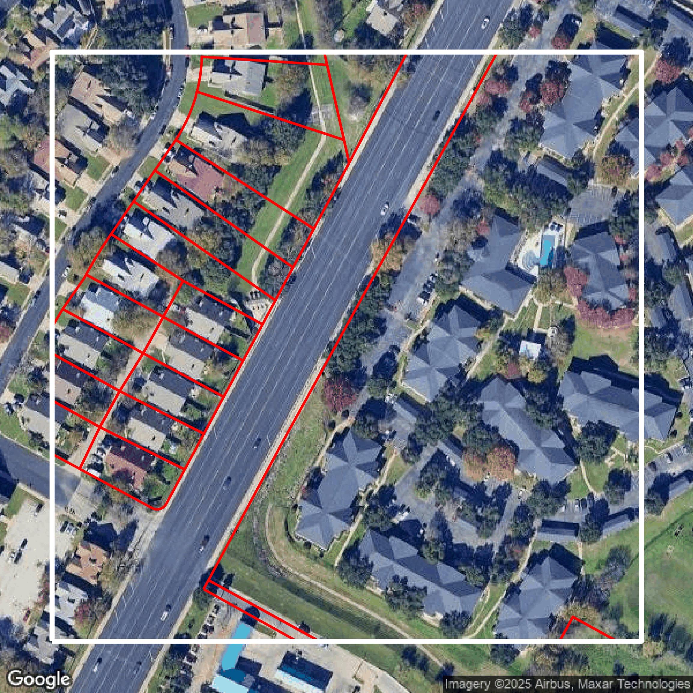 This image shows parcel and building data in Travis County created using GIS data in Equator.