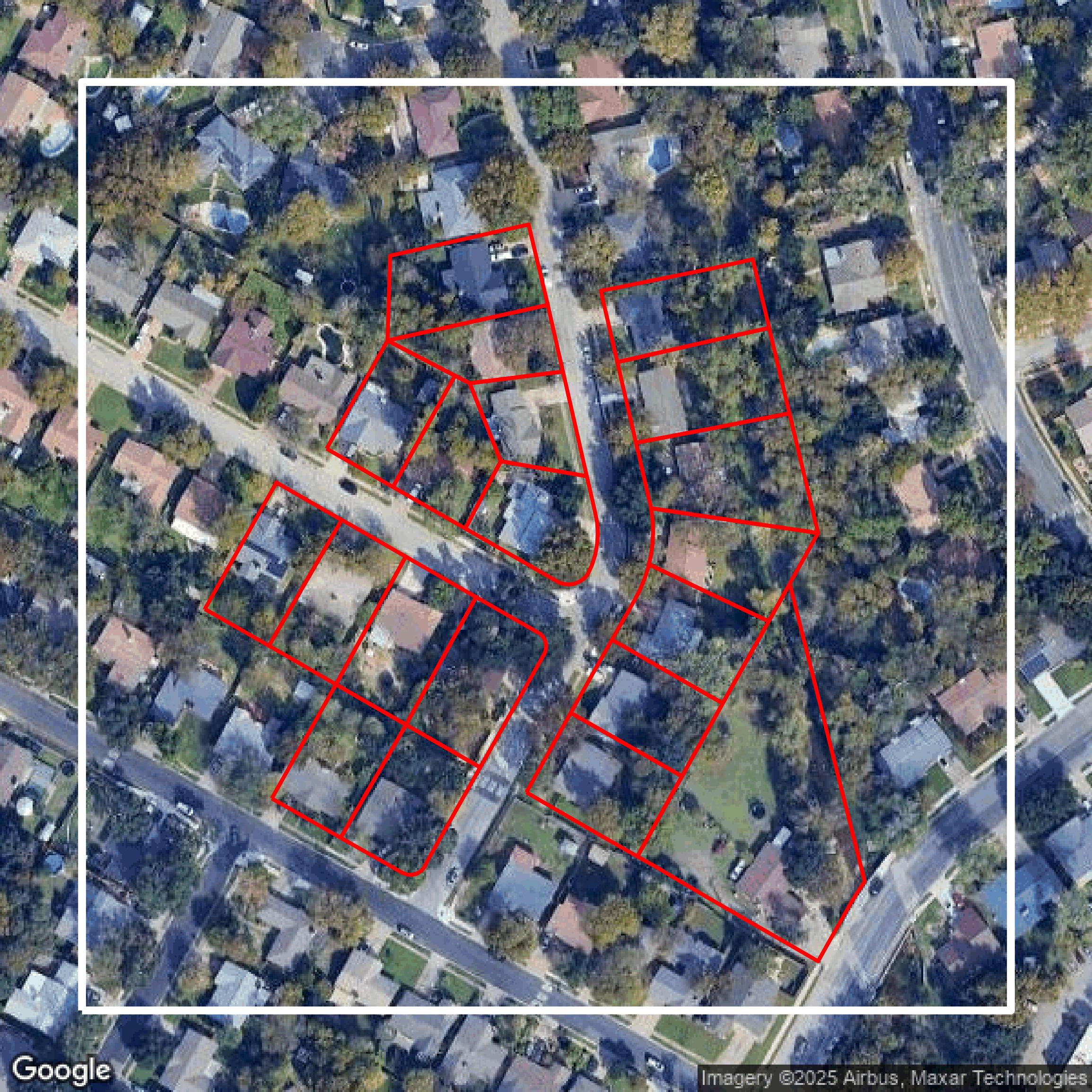 This image shows parcel and building data in Travis County created using GIS data in Equator.