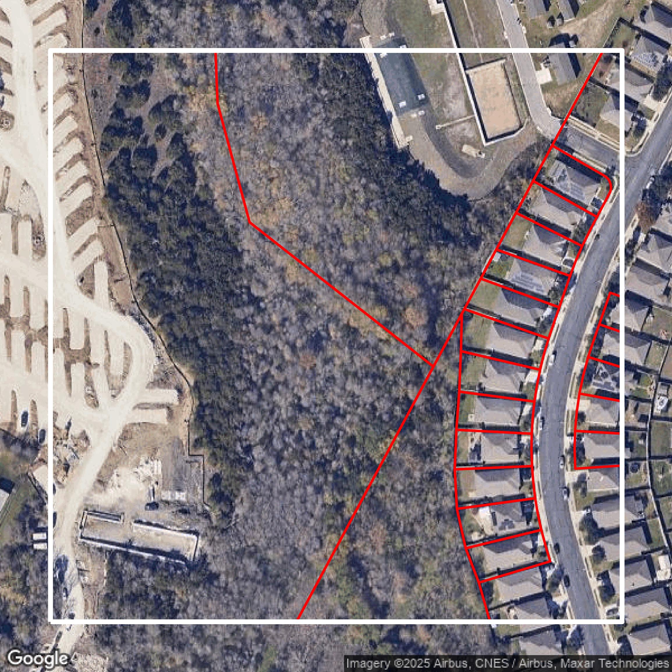 This image shows parcel and building data in Travis County created using GIS data in Equator.