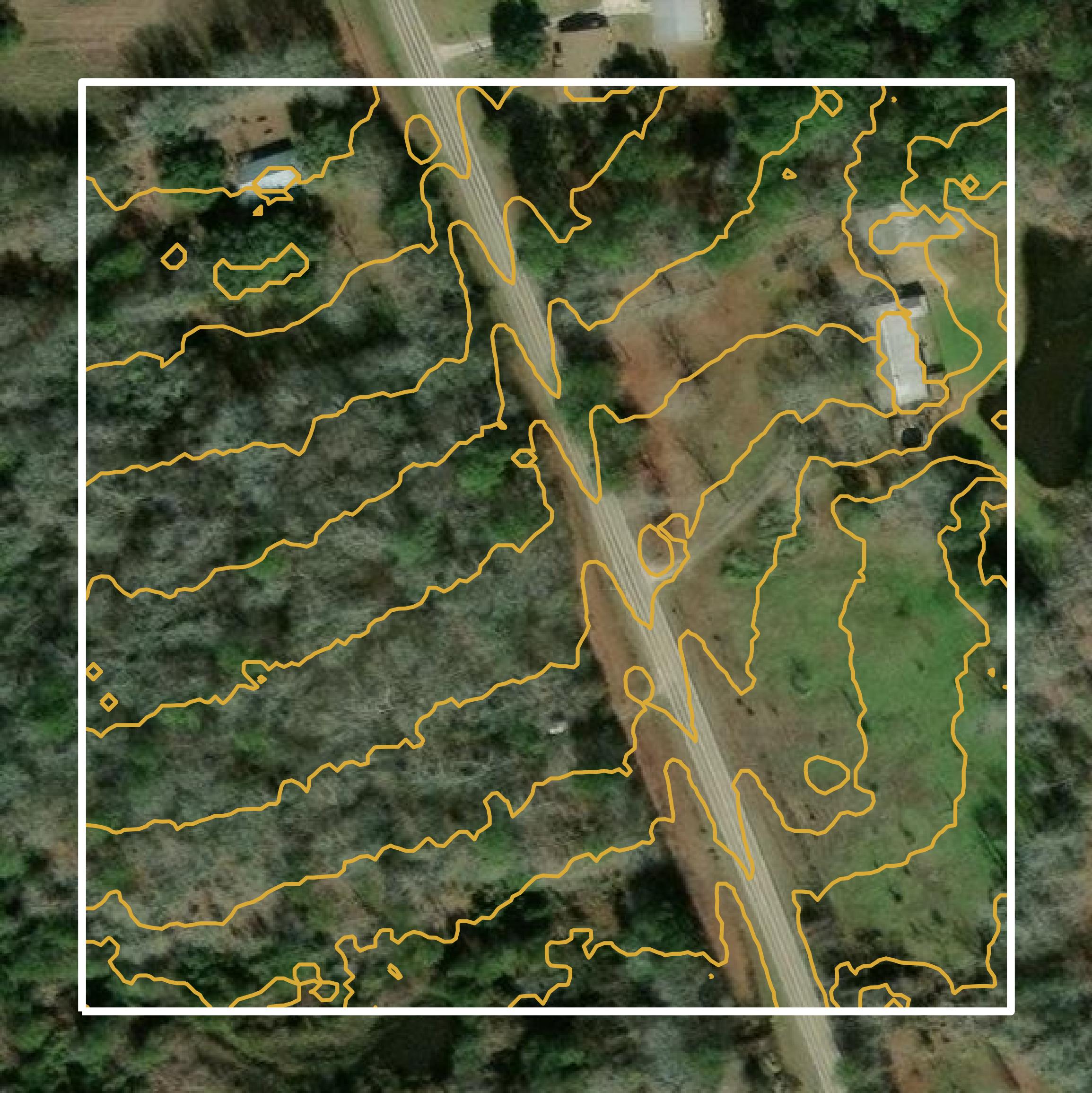 This image shows a contour map in Tyler County created using GIS data in Equator.