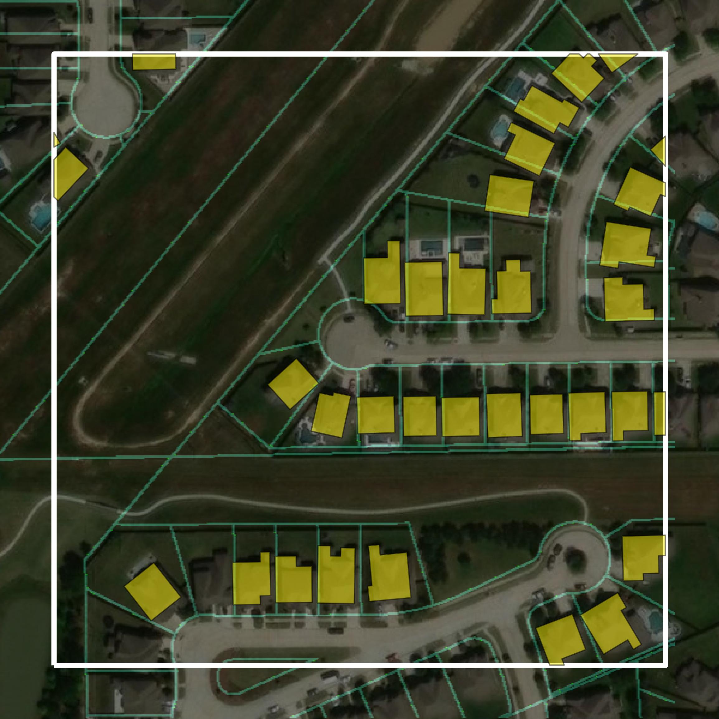 This image shows parcel and building data in Waller County created using GIS data in Equator.